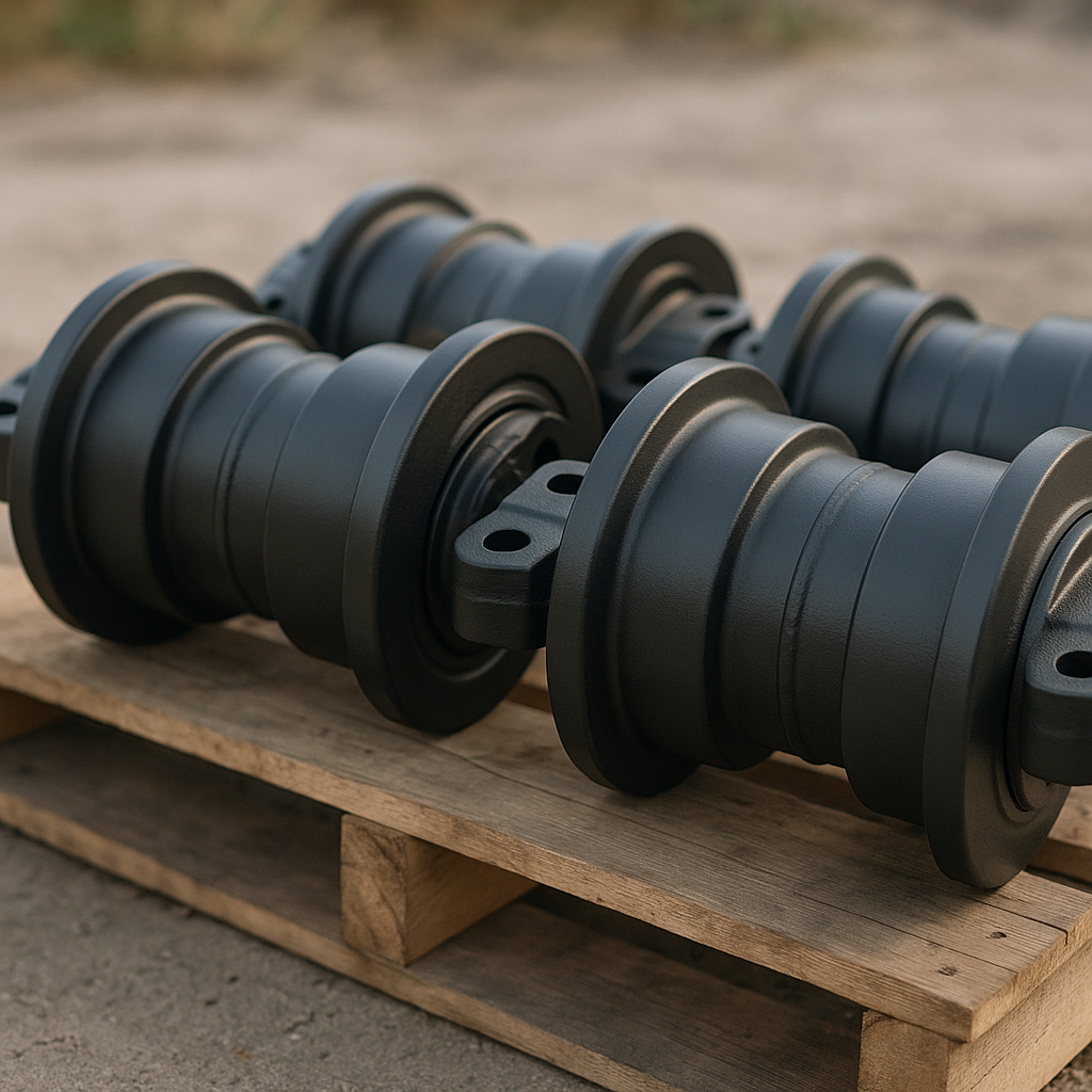 Close-up of new yellow excavator track rollers stacked on a wooden pallet in a warehouse.