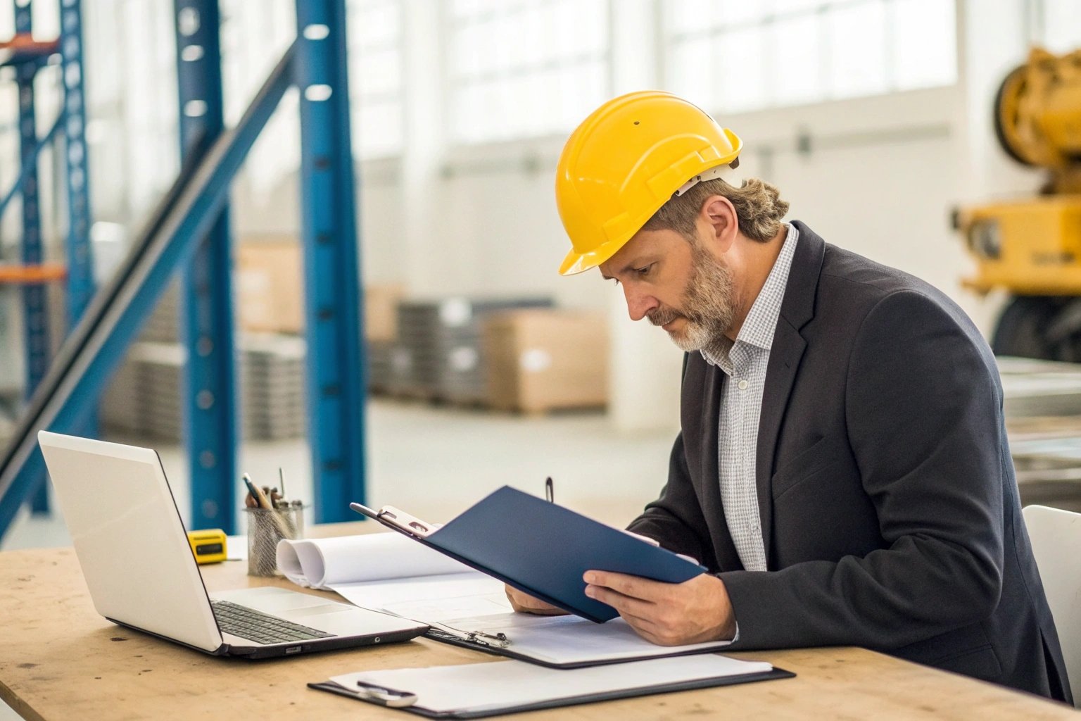 ![Engineer reviewing documents with laptop on warehouse desk (≤15 words)]
