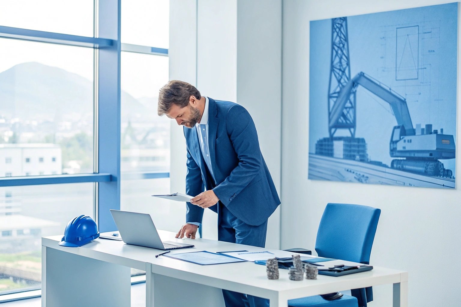 Executive reviewing documents in office with construction concept art