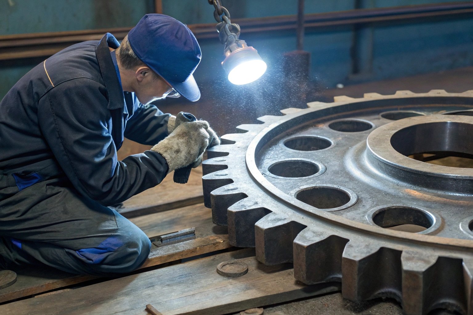 Technician inspecting large metal gear under bright light