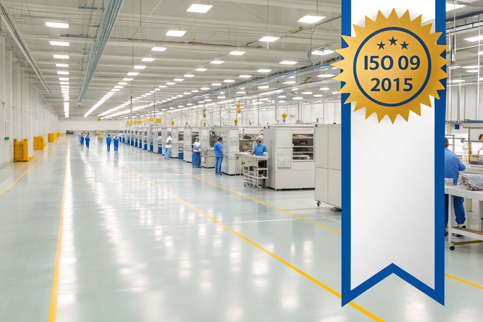 Manufacturing plant interior with I50 09 certification banner displayed (≤15 words)