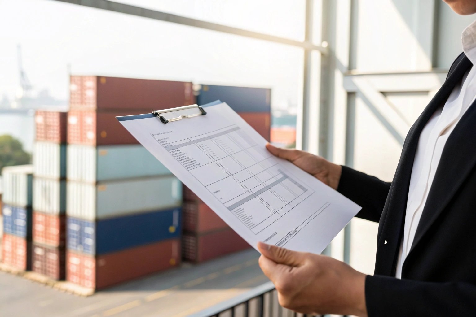 Person examining shipping document near port containers (≤15 words)