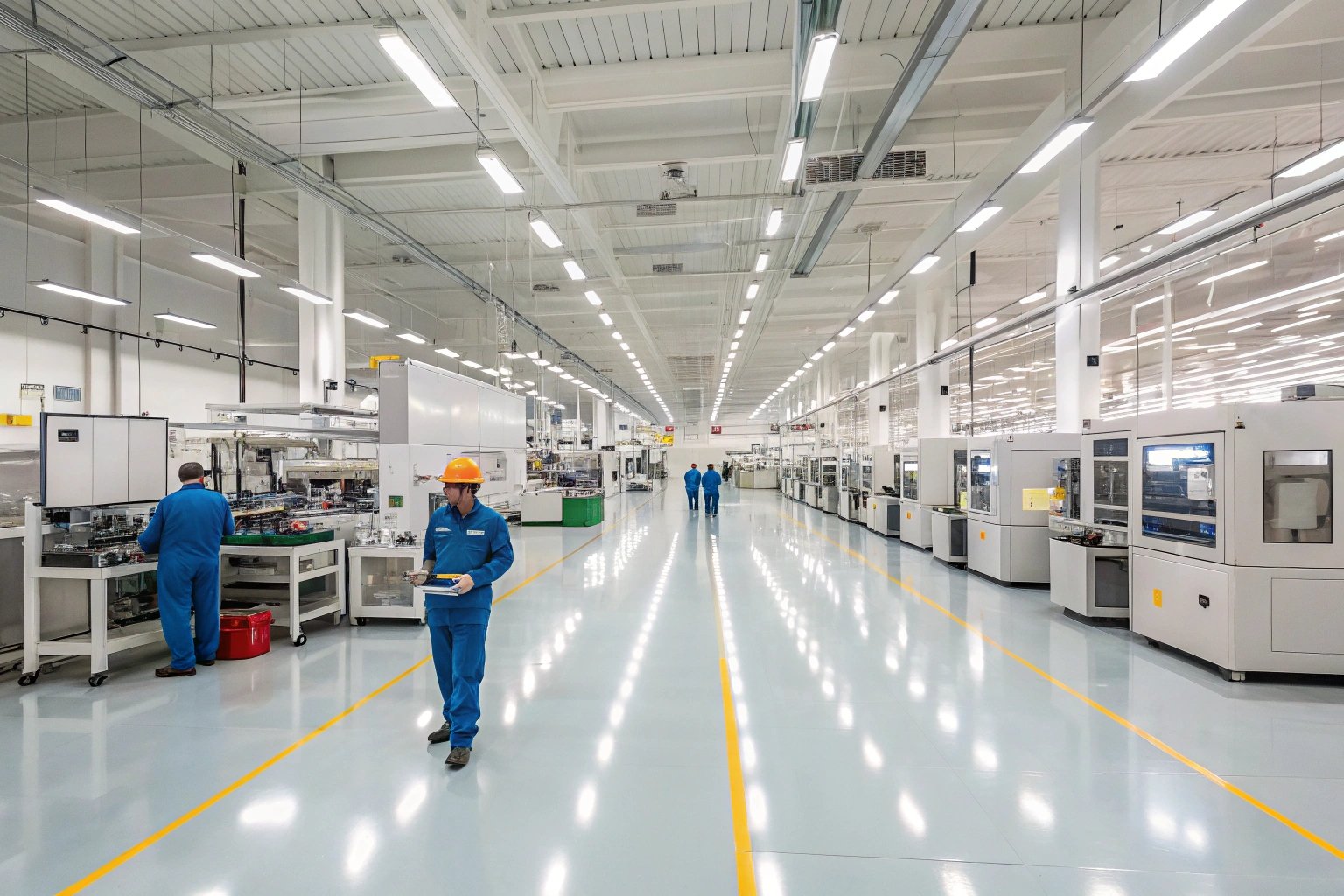 Automated manufacturing facility with workers inspecting machinery (≤15 words)