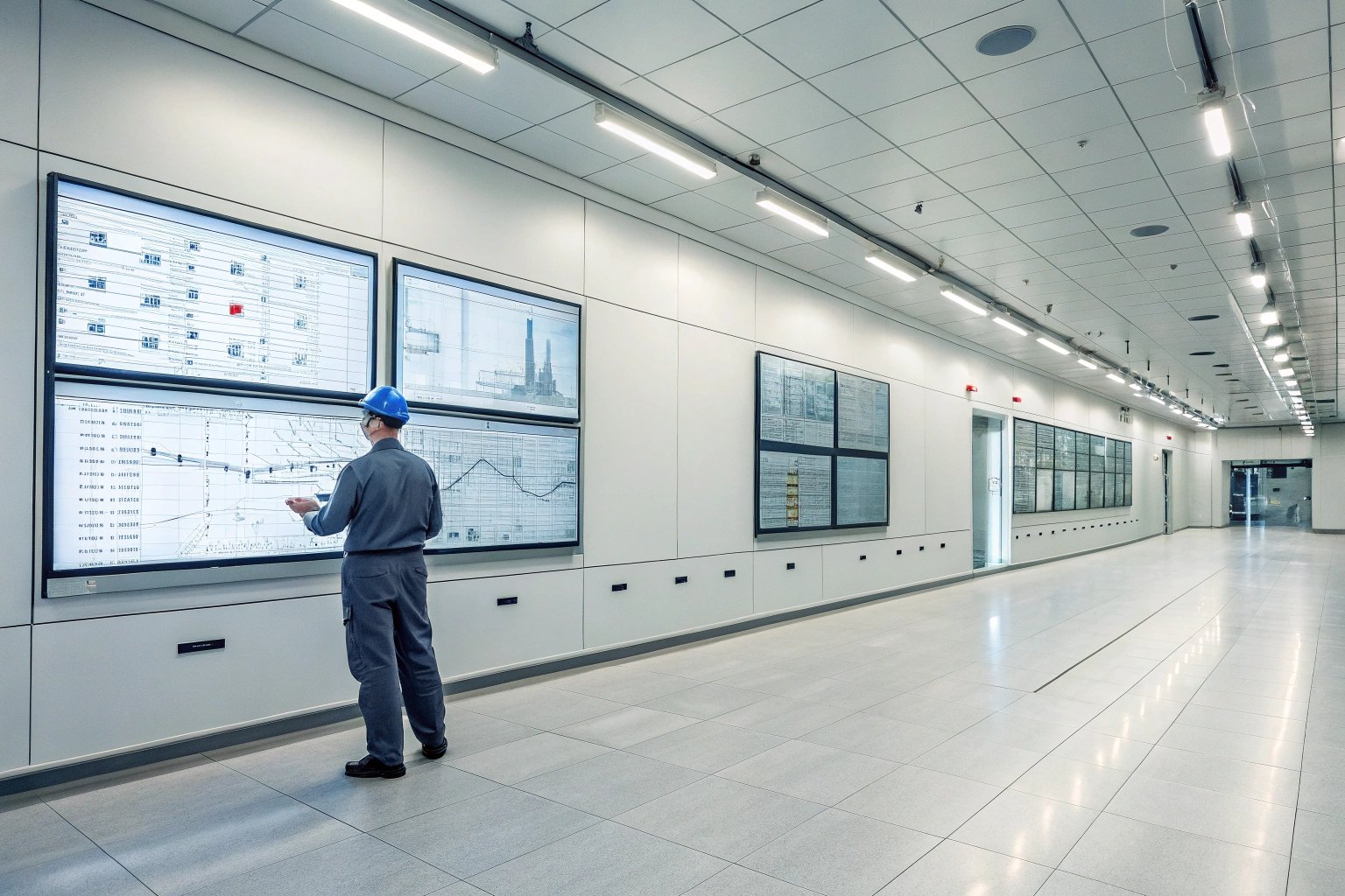 Engineer in control center reviewing industrial data on large screens (≤15 words)