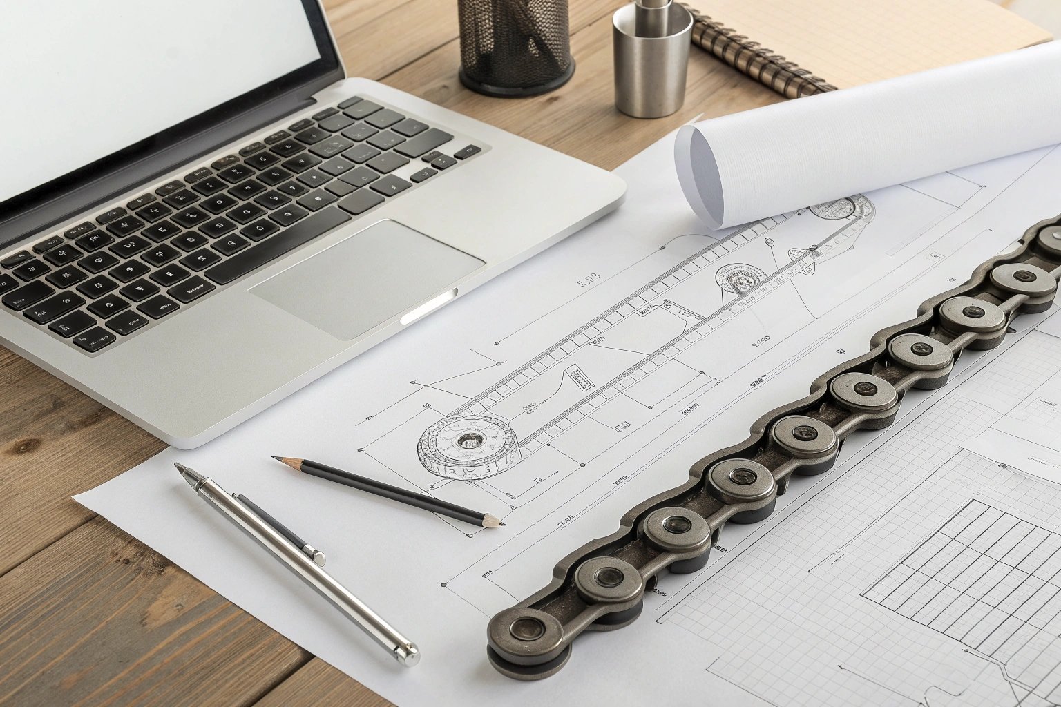 Engineering workspace with technical drawings and metal chain on desk