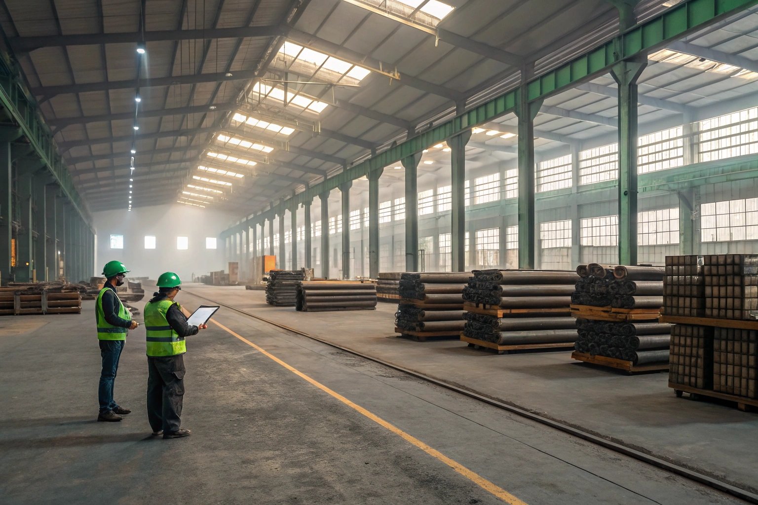 Two workers surveying materials in large industrial warehouse