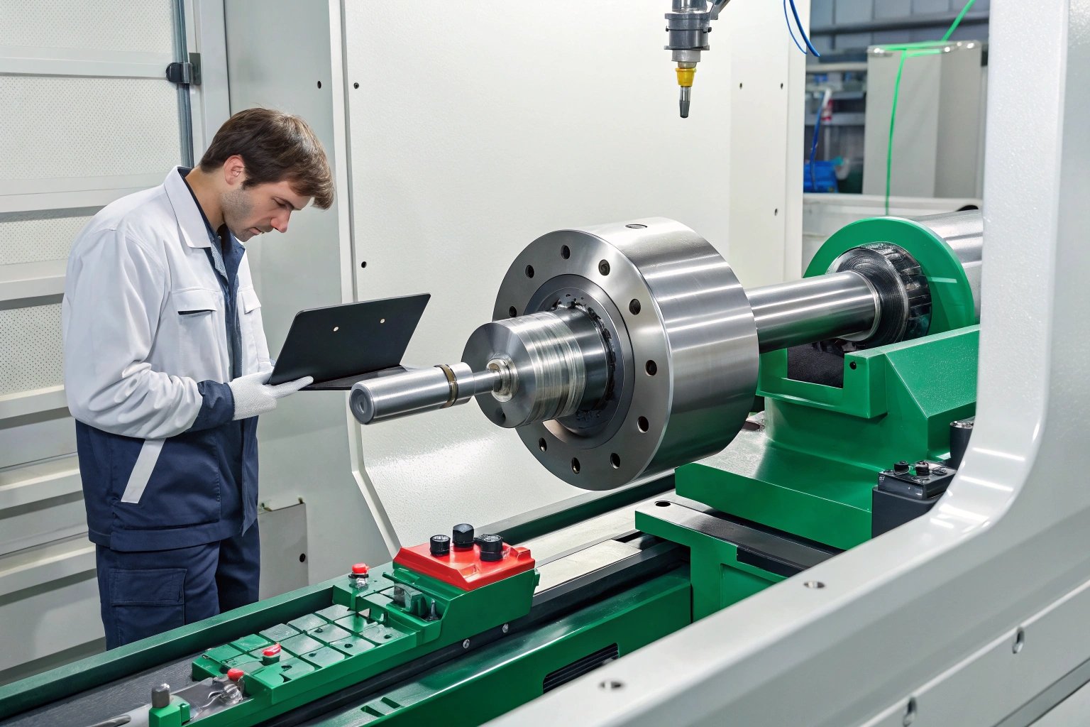 Technician inspecting machinery setup with laptop in factory