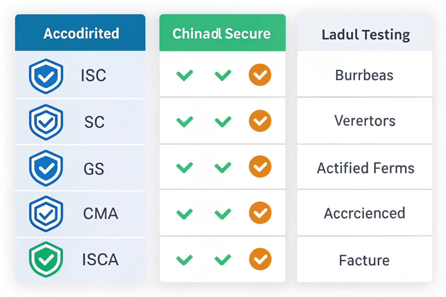 Comparison chart showing product certification, security, and testing compliance standards.