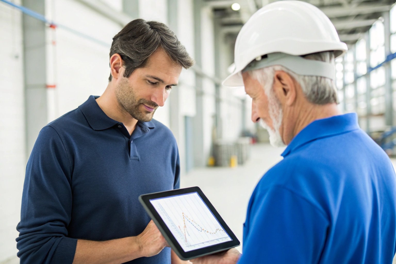 Two colleagues discussing data on digital tablet in industrial setting