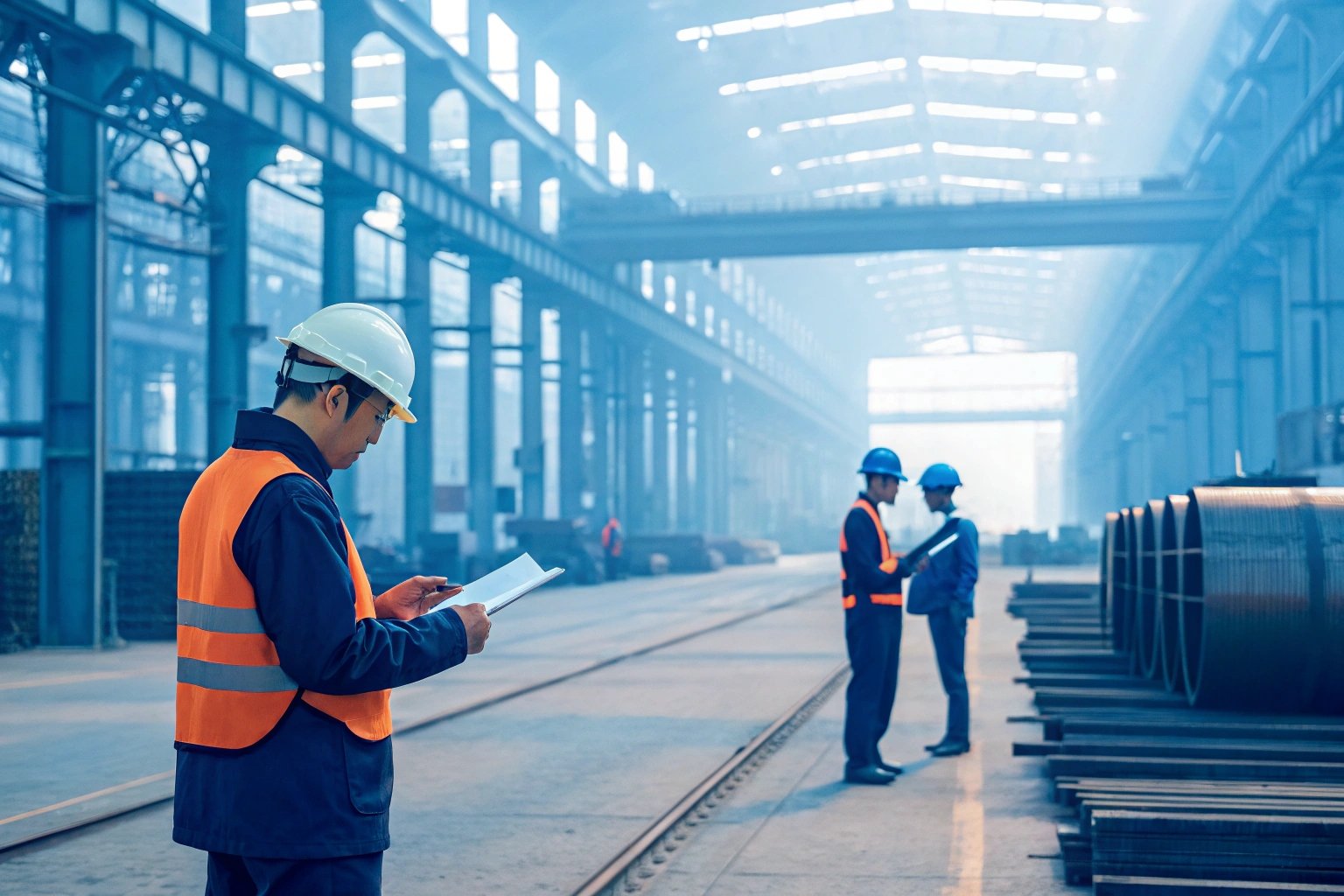 Supervisor reviewing documents in large manufacturing plant