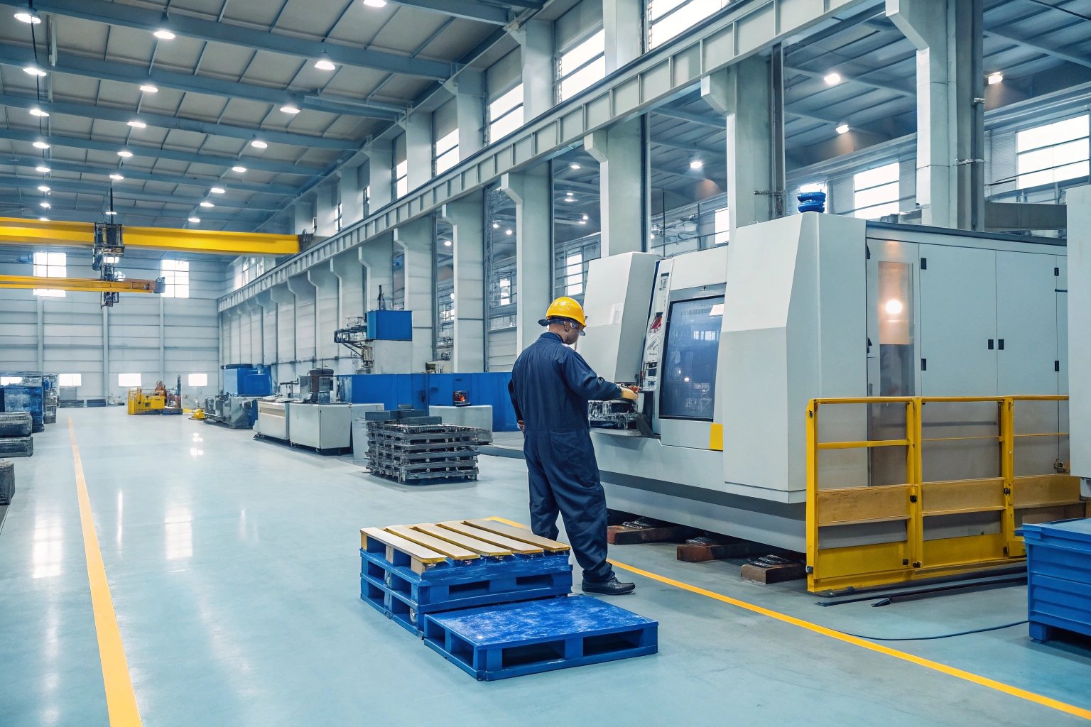 Worker operating CNC machine in factory