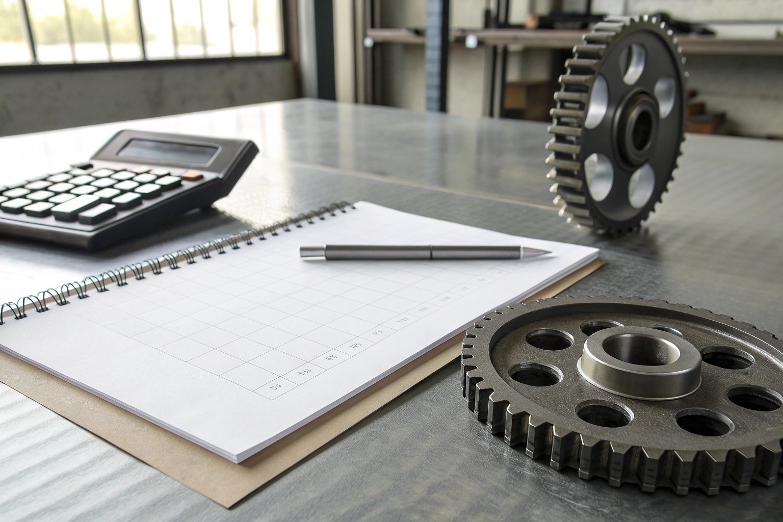Engineering table with gears and calculator