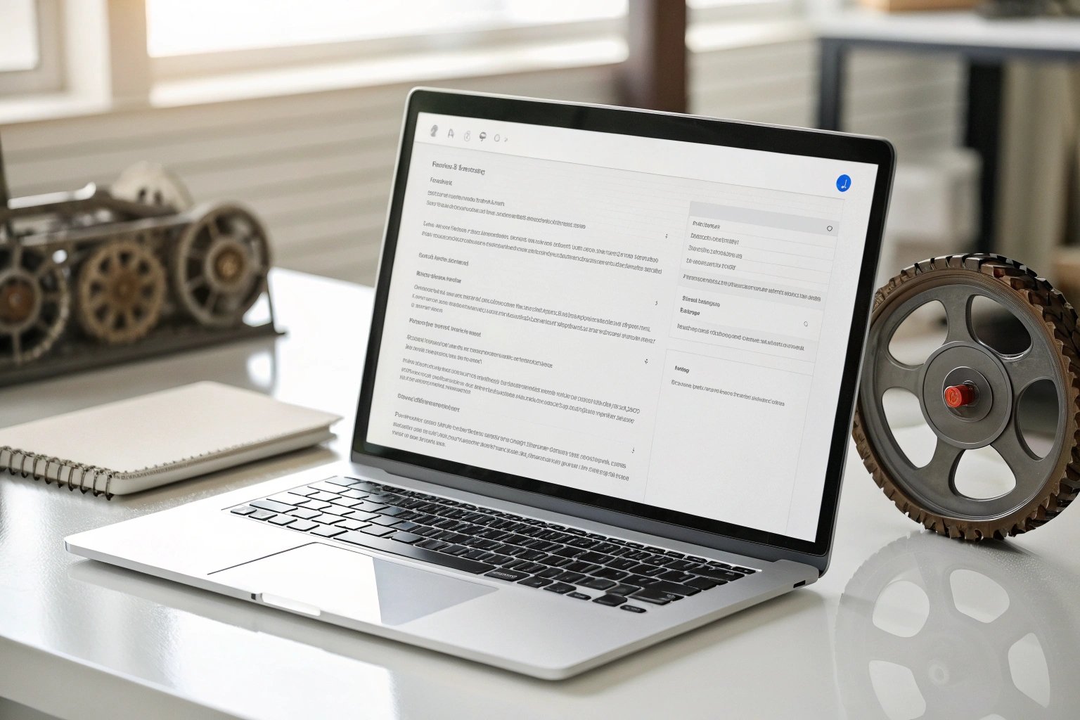 Laptop displaying project details with mechanical gear model decor