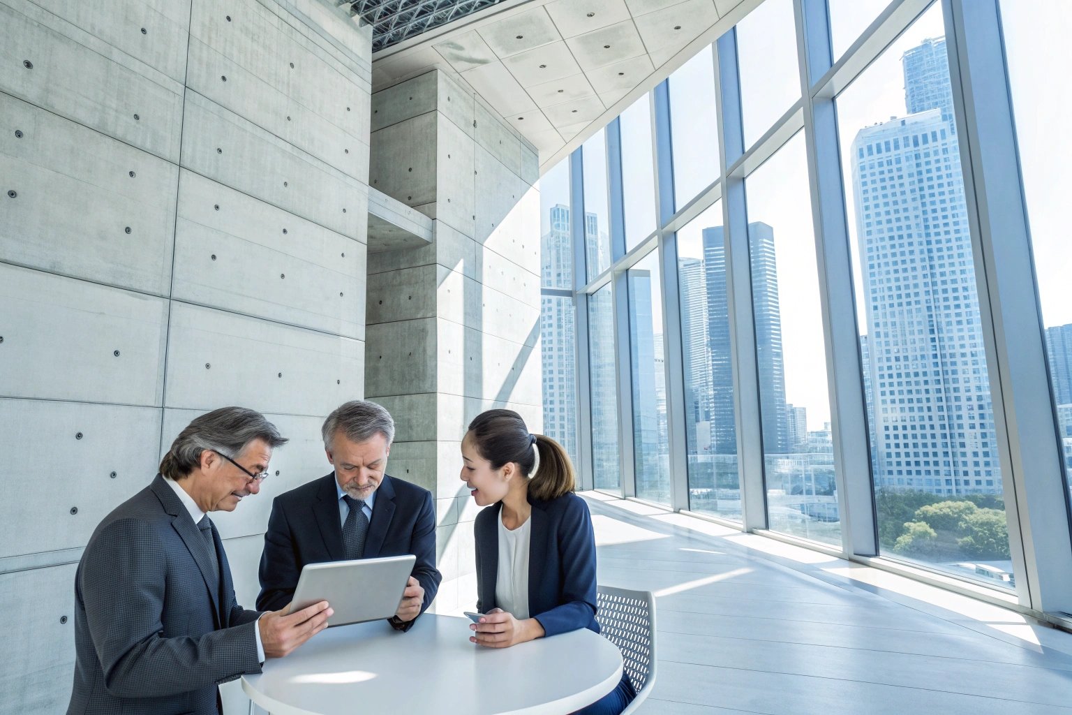 Business meeting with modern city view background