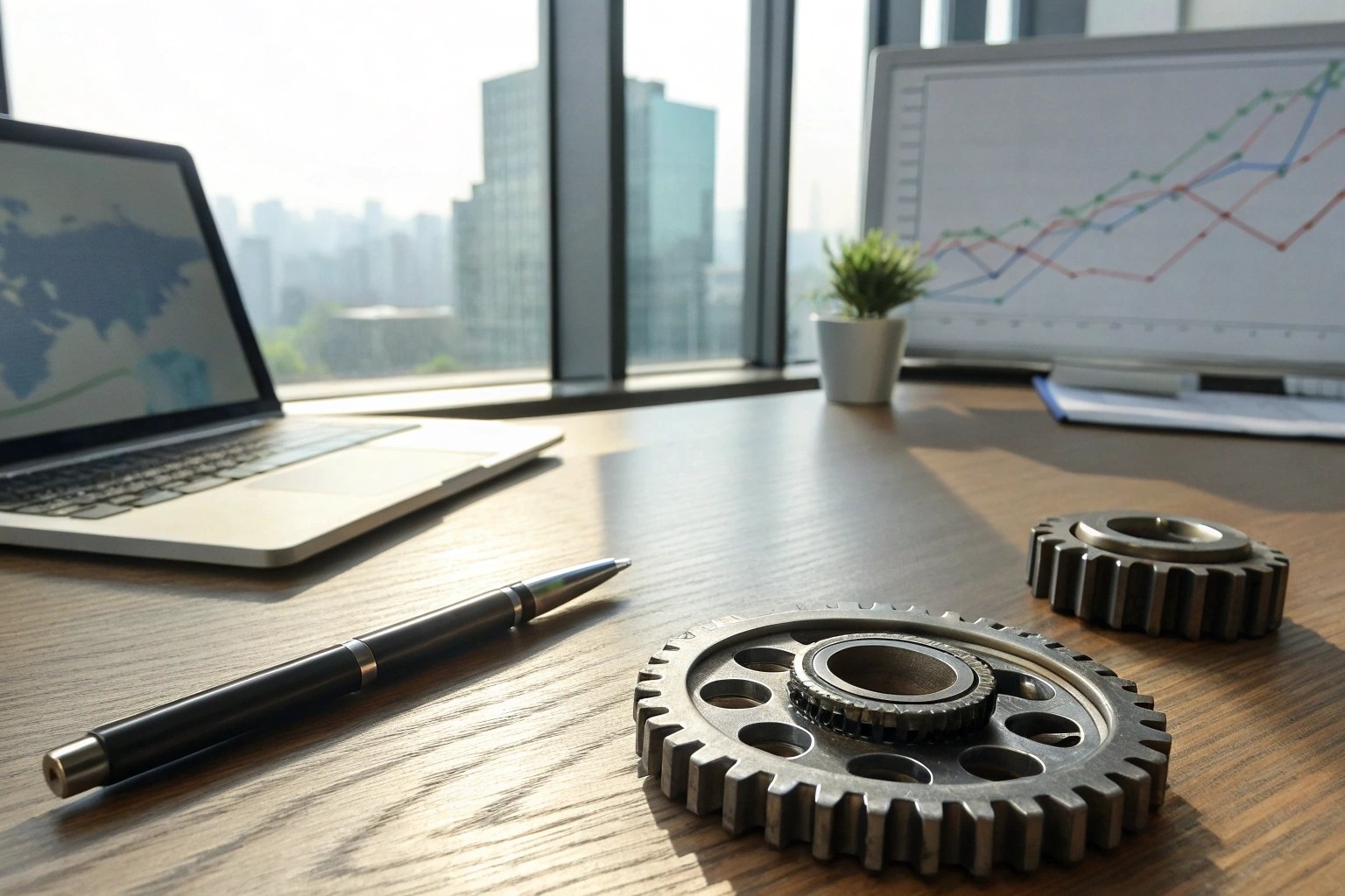 Office desk with gears and charted laptop