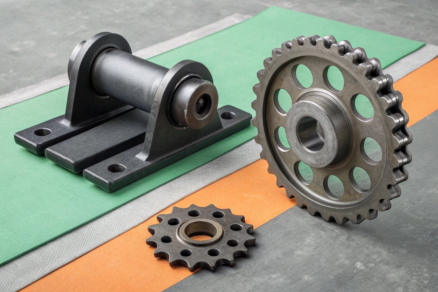 Industrial metal components arranged on colorful background 