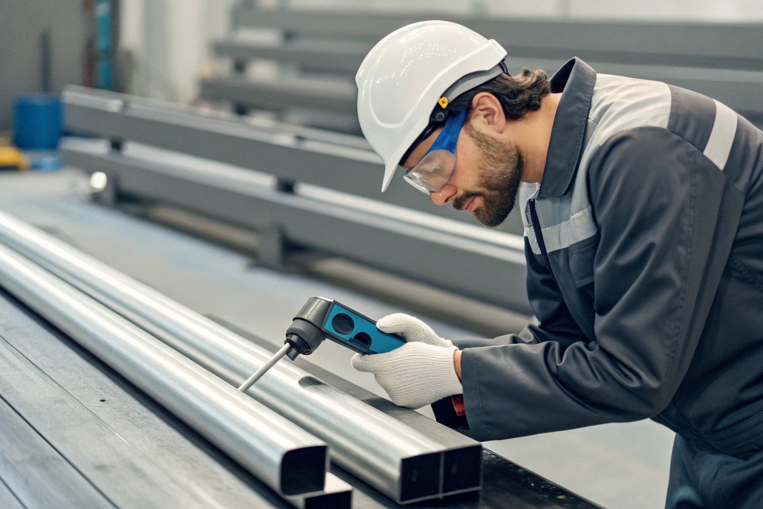 Inspector evaluating metal tubes with measurement device in factory (≤15 words)