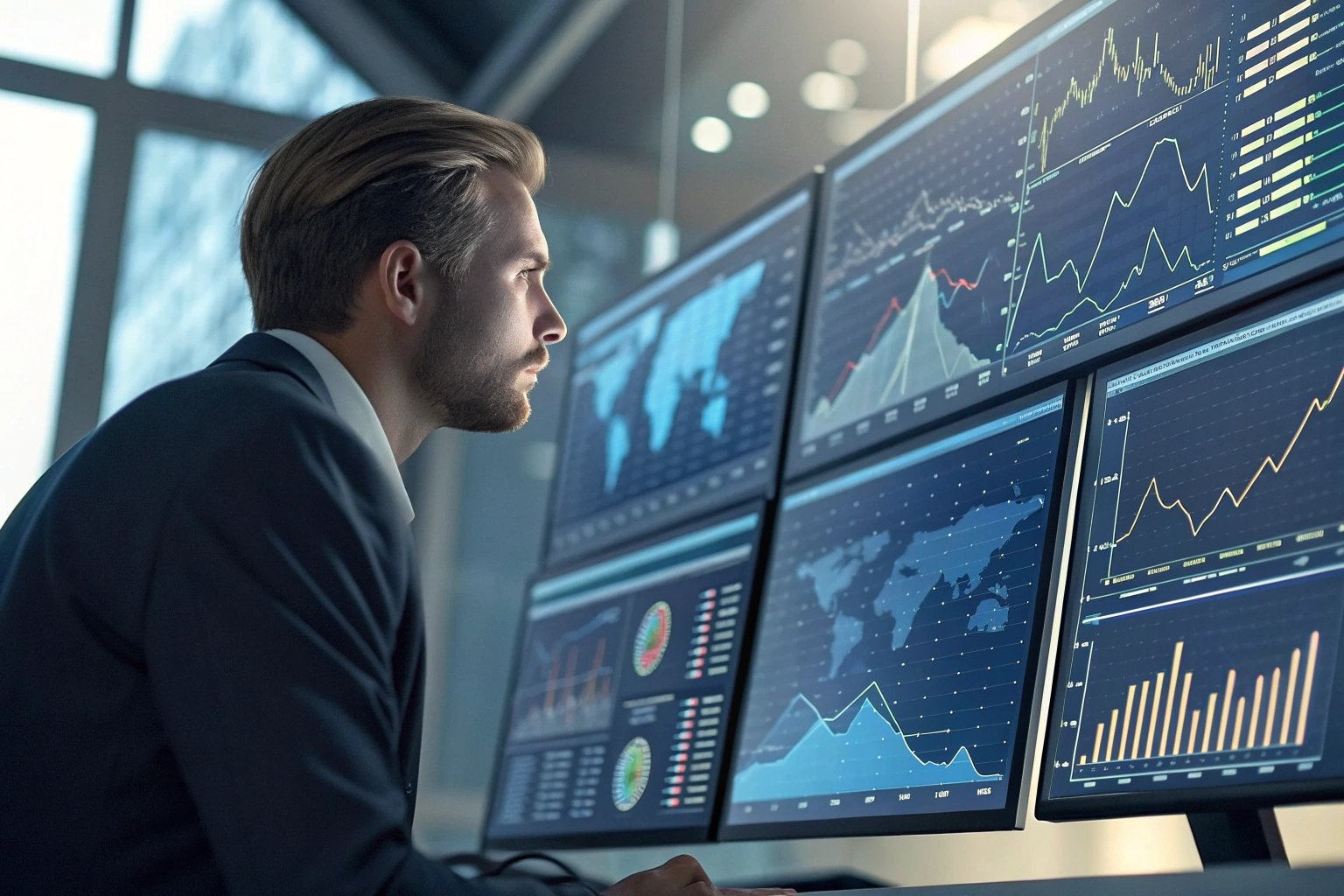 Professional analyzing data on multiple screens in office (≤15 words)