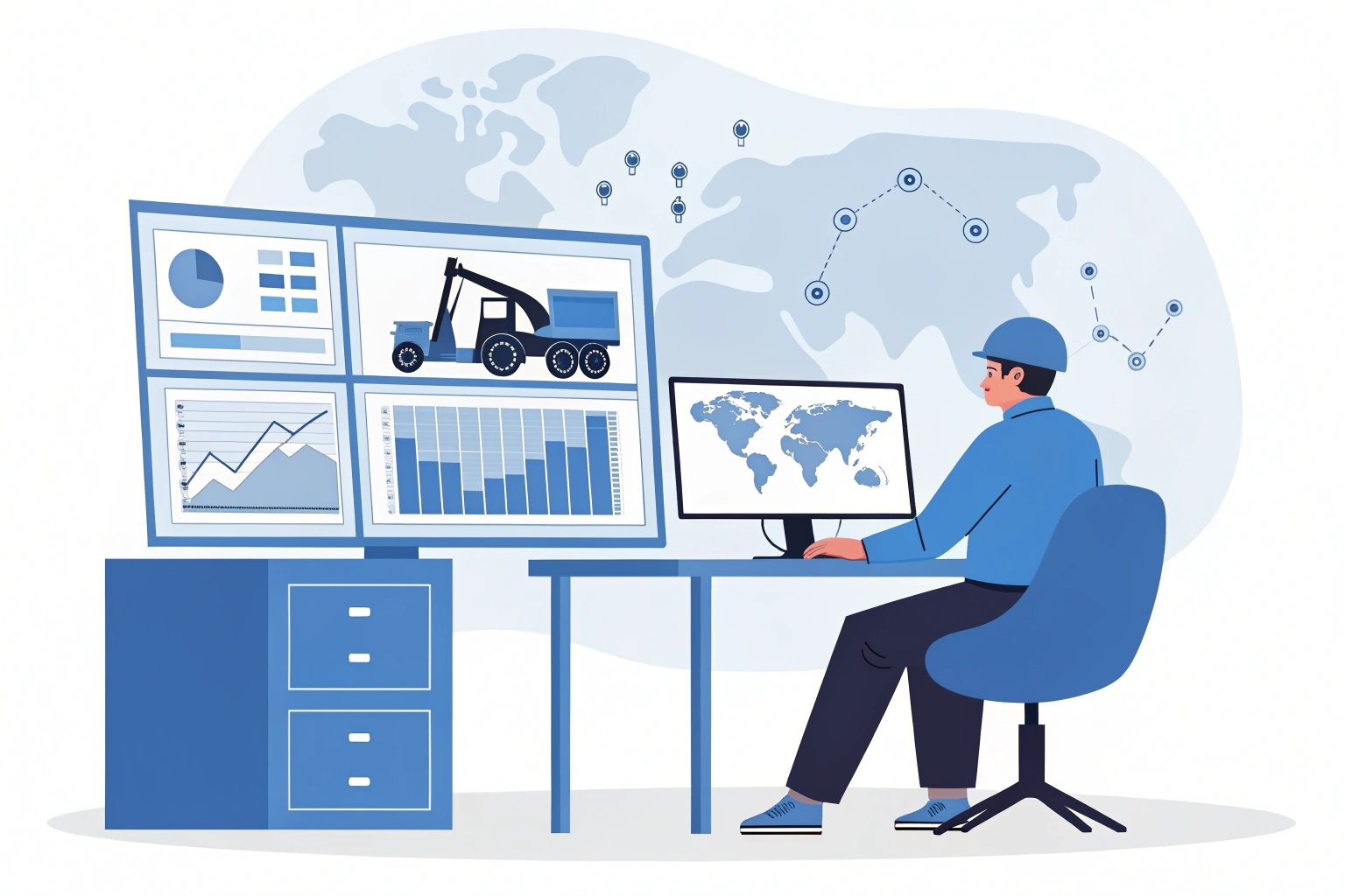 Illustration of worker monitoring global logistics on multiple screens (≤15 words)