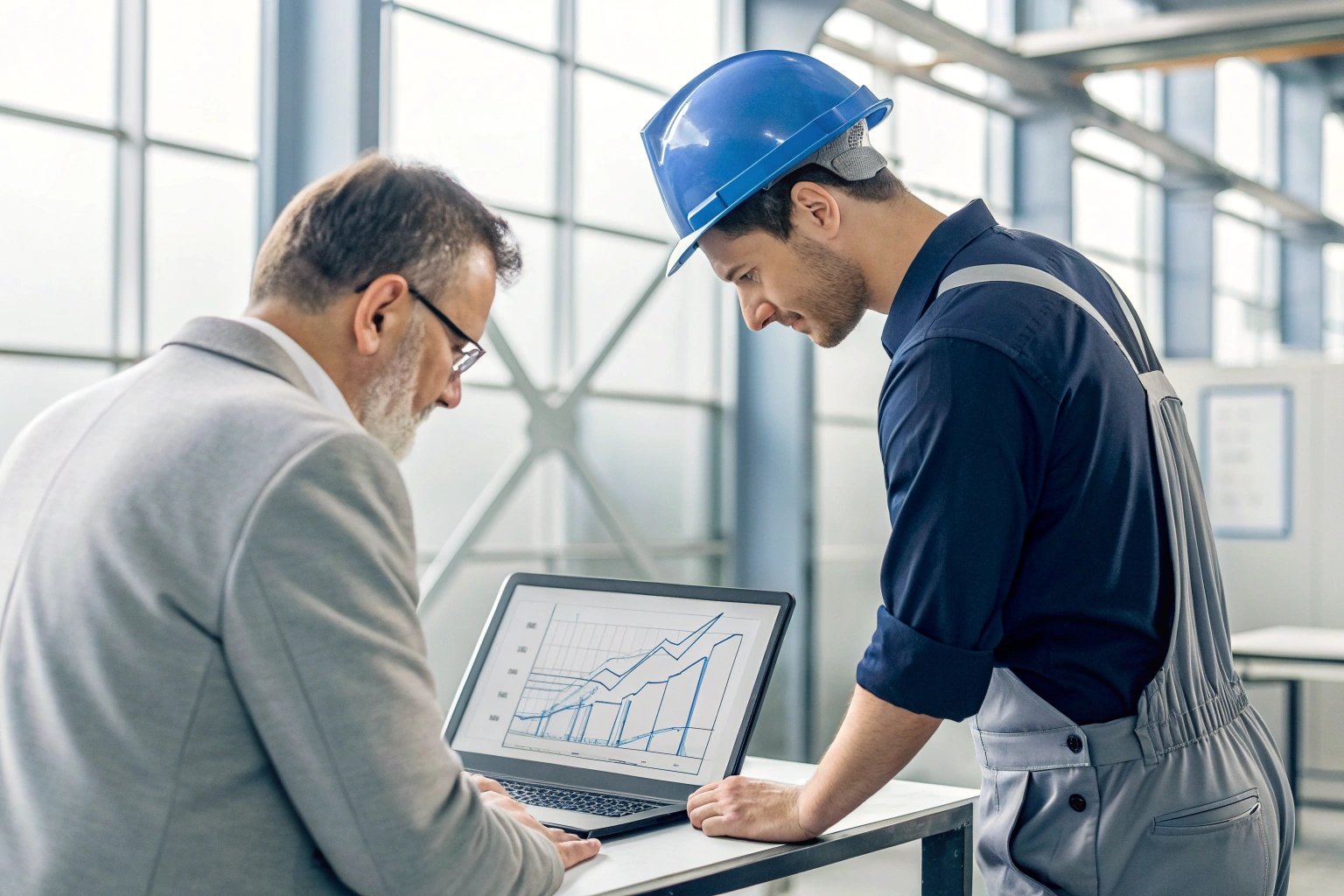 Two professionals discussing graph on laptop screen in industrial setting