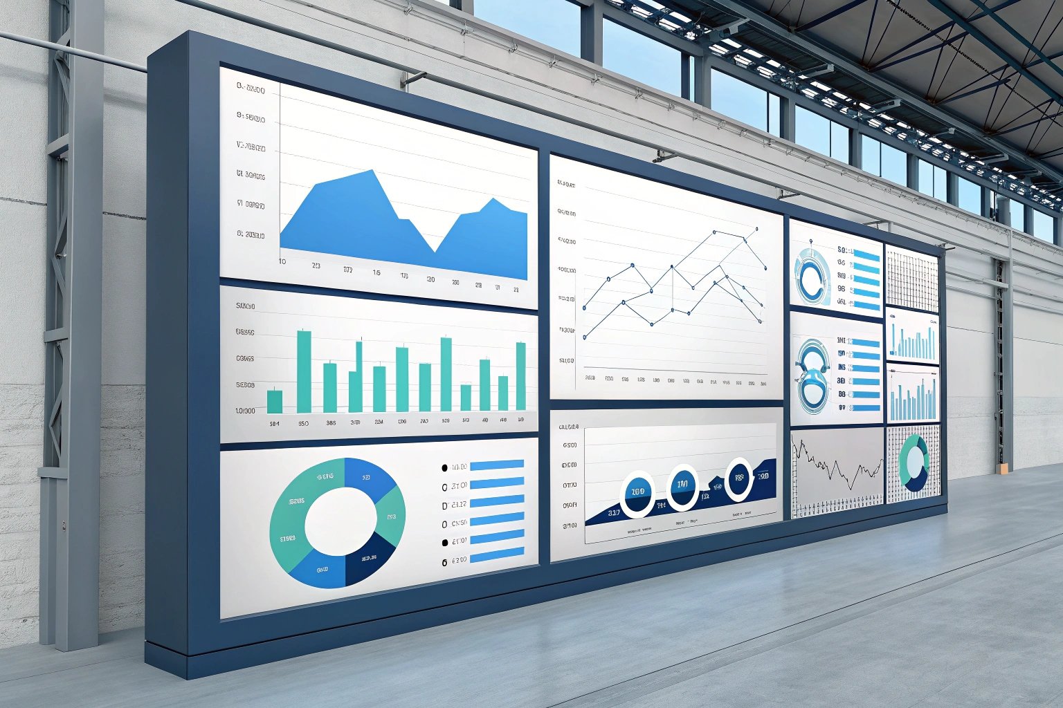 Graphs and charts displayed on large screen in industrial setting