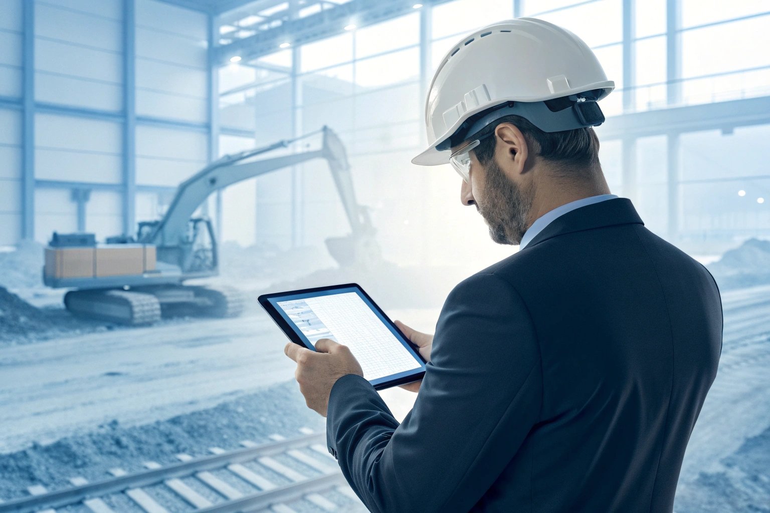 Engineer inspecting construction project with tablet on site