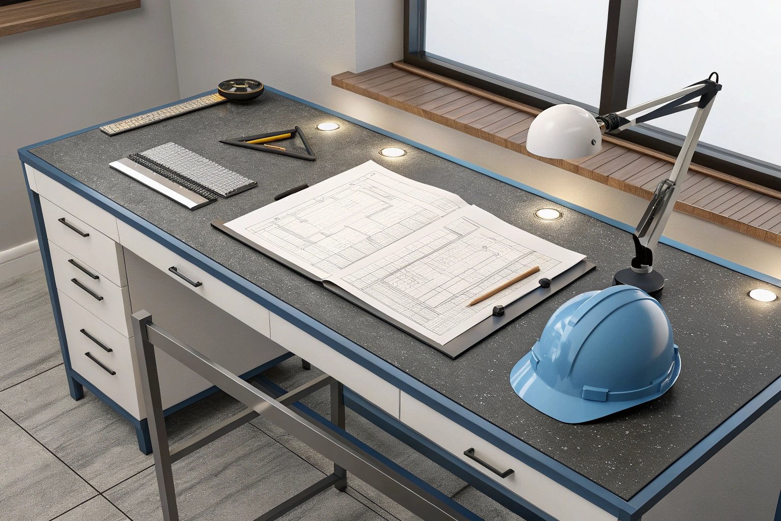 Workspace with engineering blueprints and helmet on desk