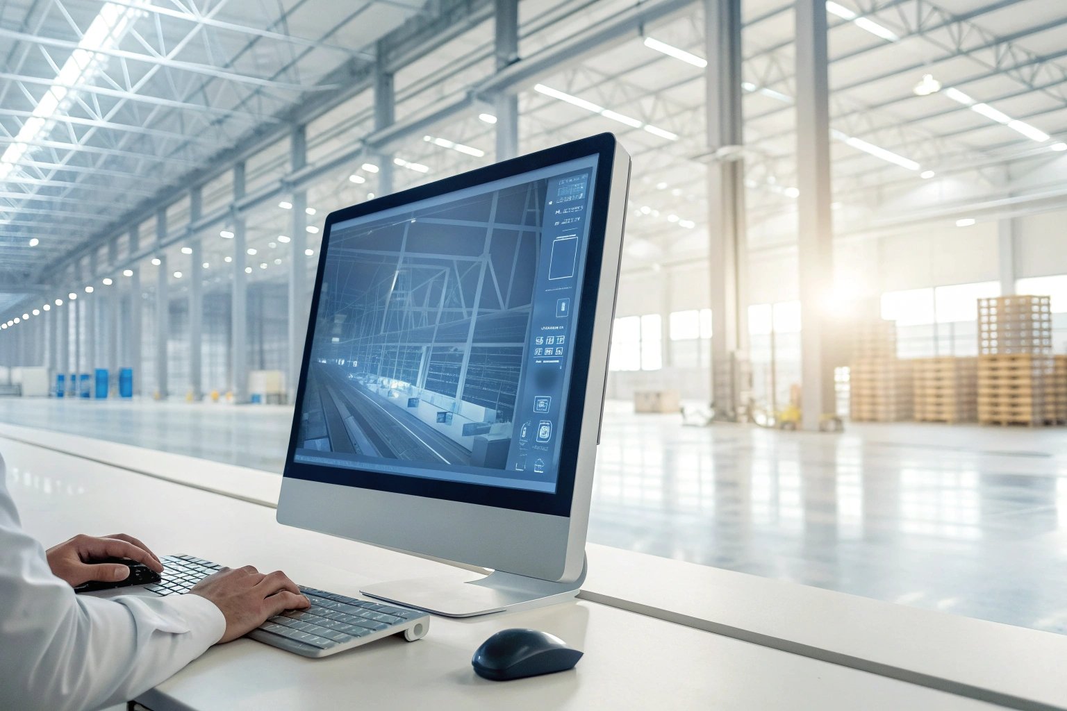 Person using computer for industrial design in spacious warehouse 