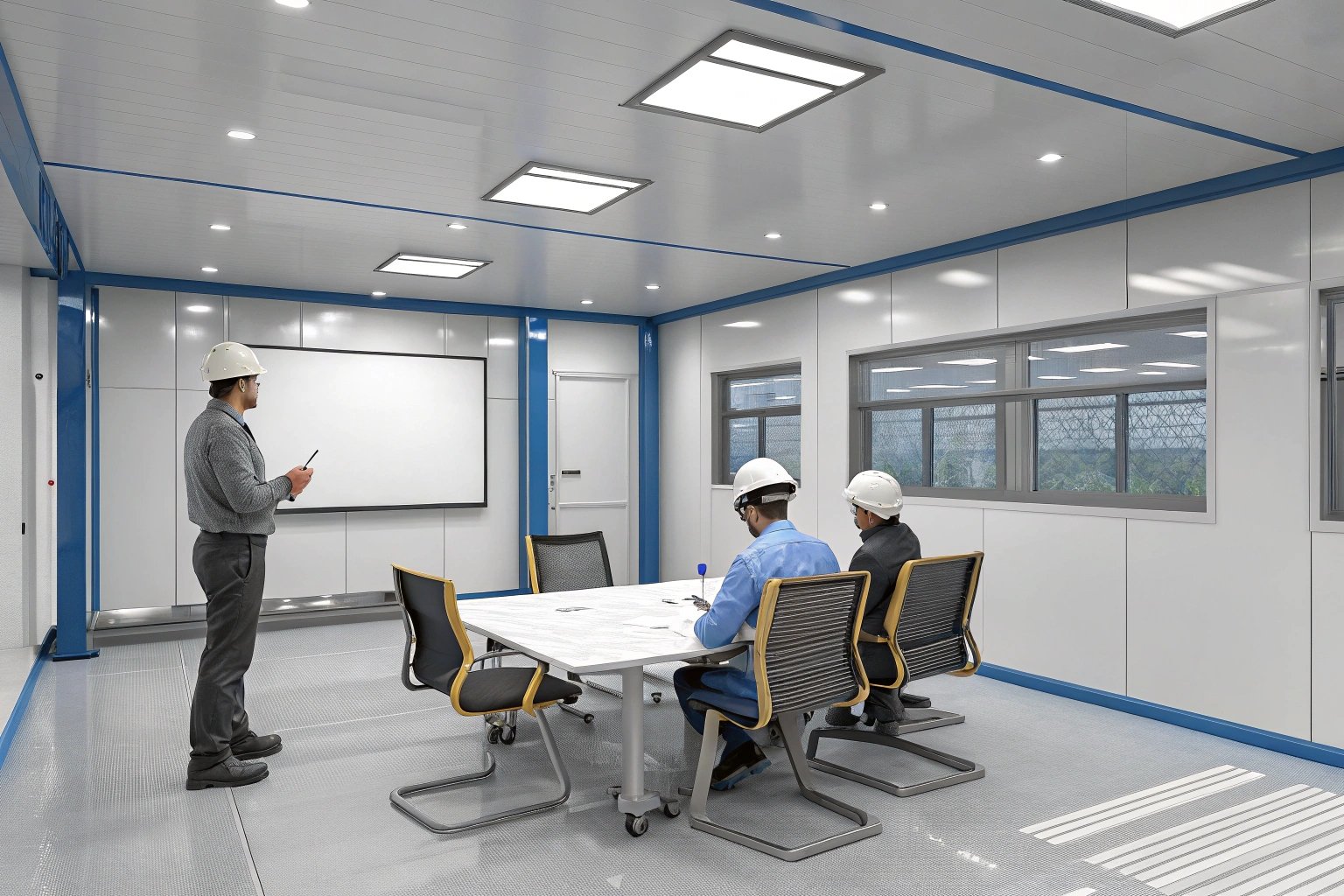 Team meeting in industrial office with hard hats