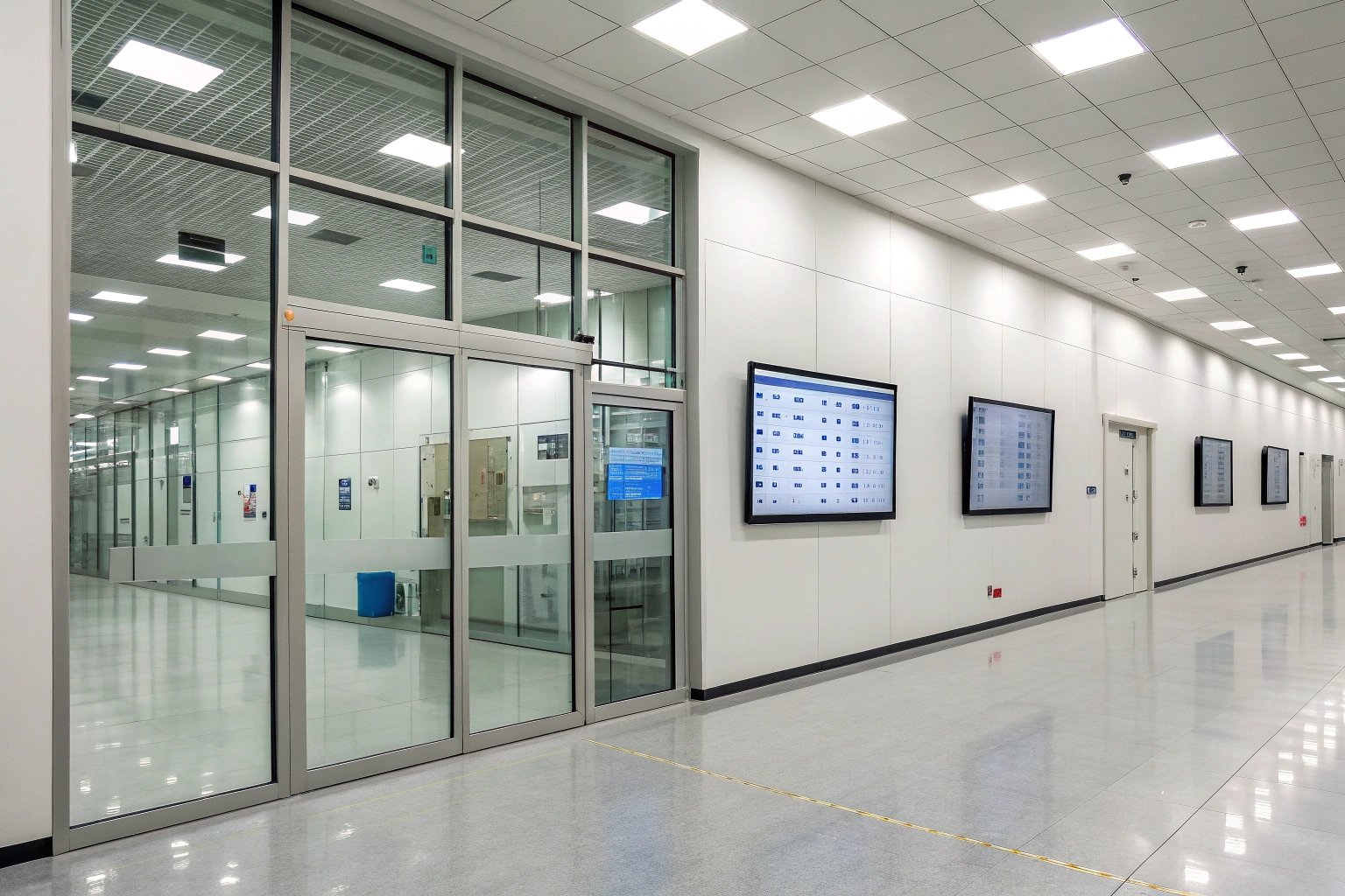 Modern corridor with digital screens displaying industrial data (≤15 words)