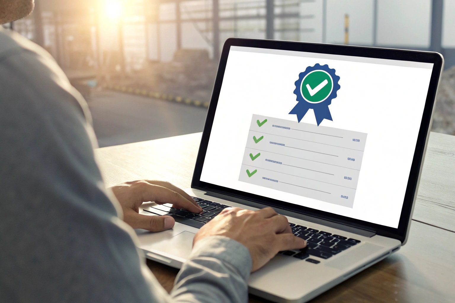 Laptop displaying online certification with checklist