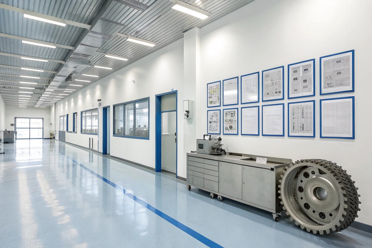 Hallway with technical drawings and mechanical parts