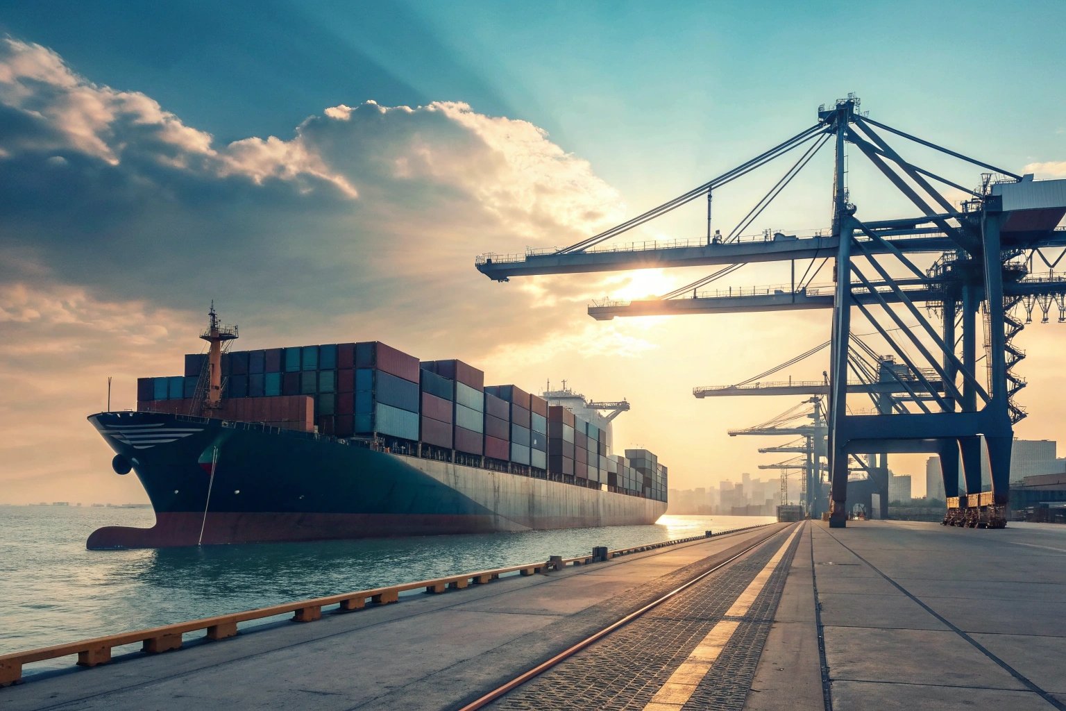 Container ship docked at busy shipping port