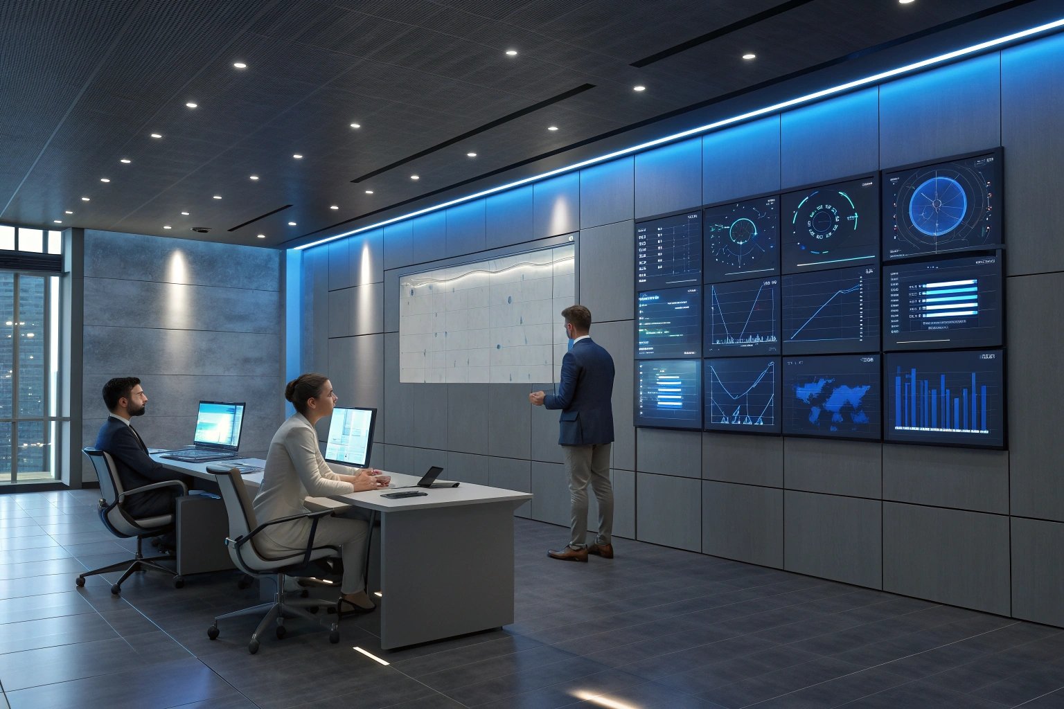 Team analyzing data in modern office meeting room