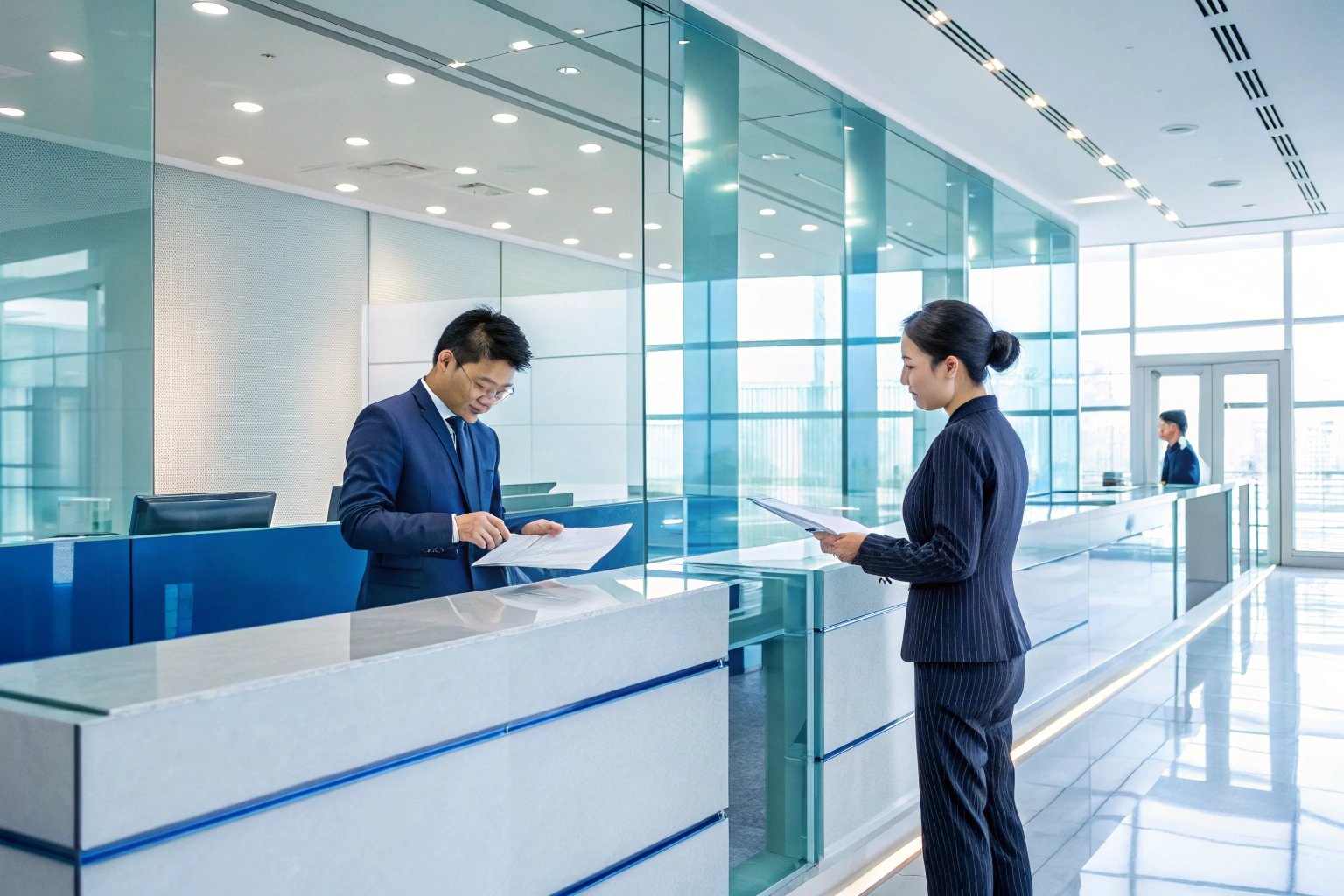 Reception area with business professionals discussing documents