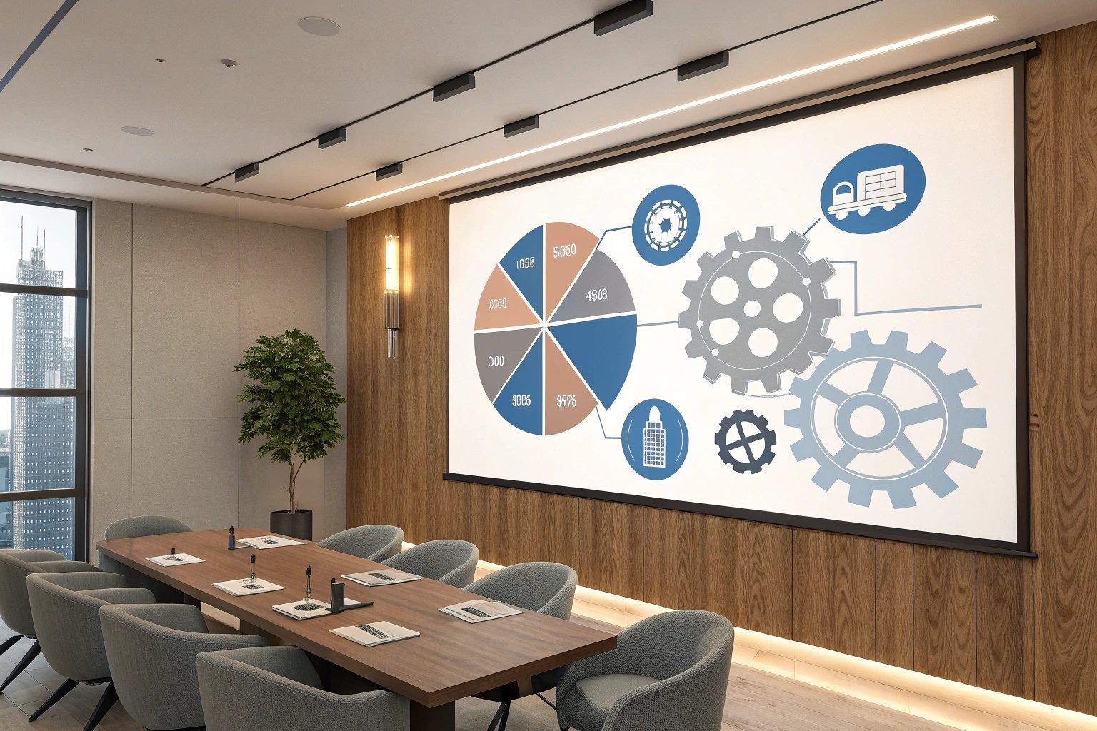 Conference room setup with business diagram