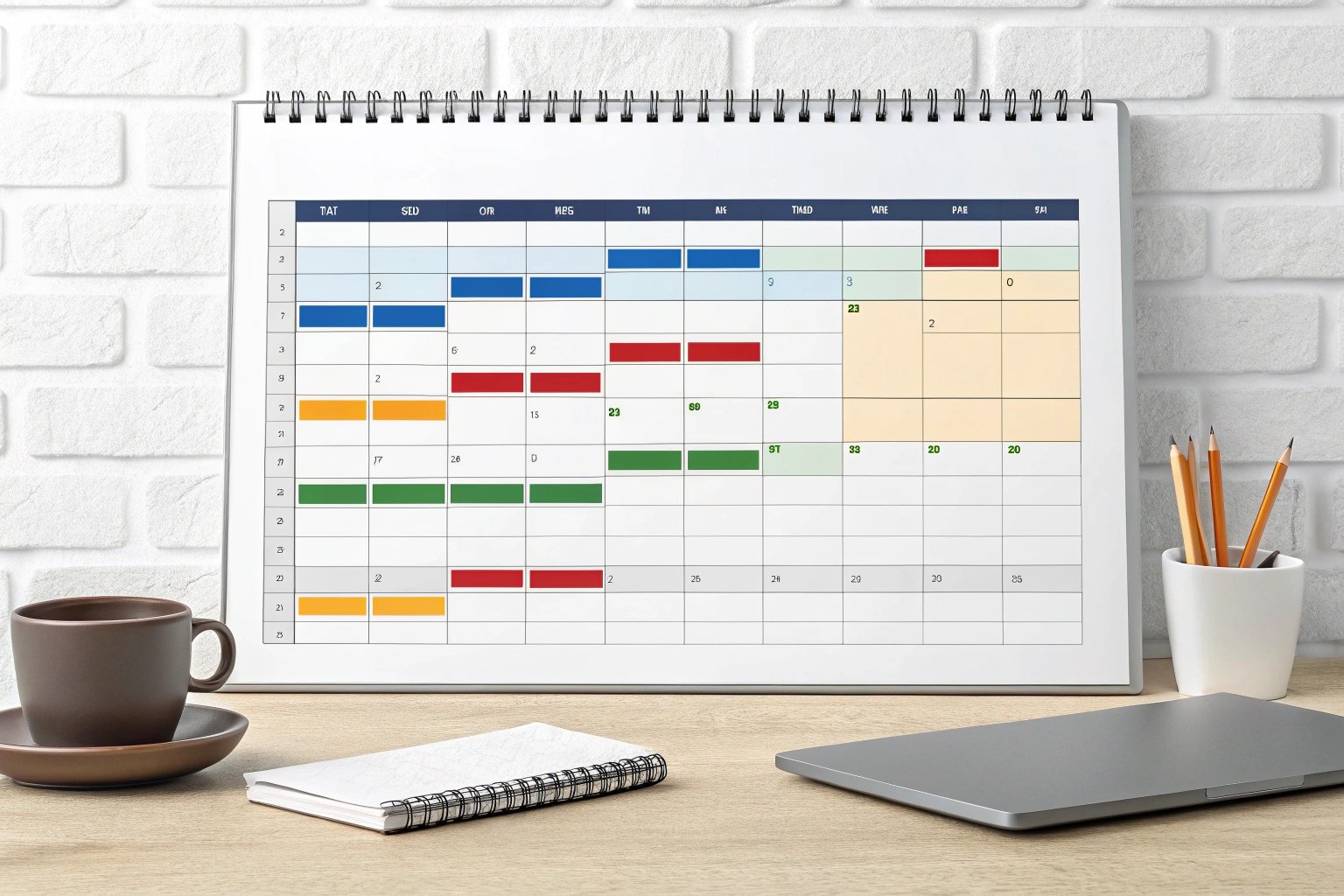 Colorful monthly planner on desk