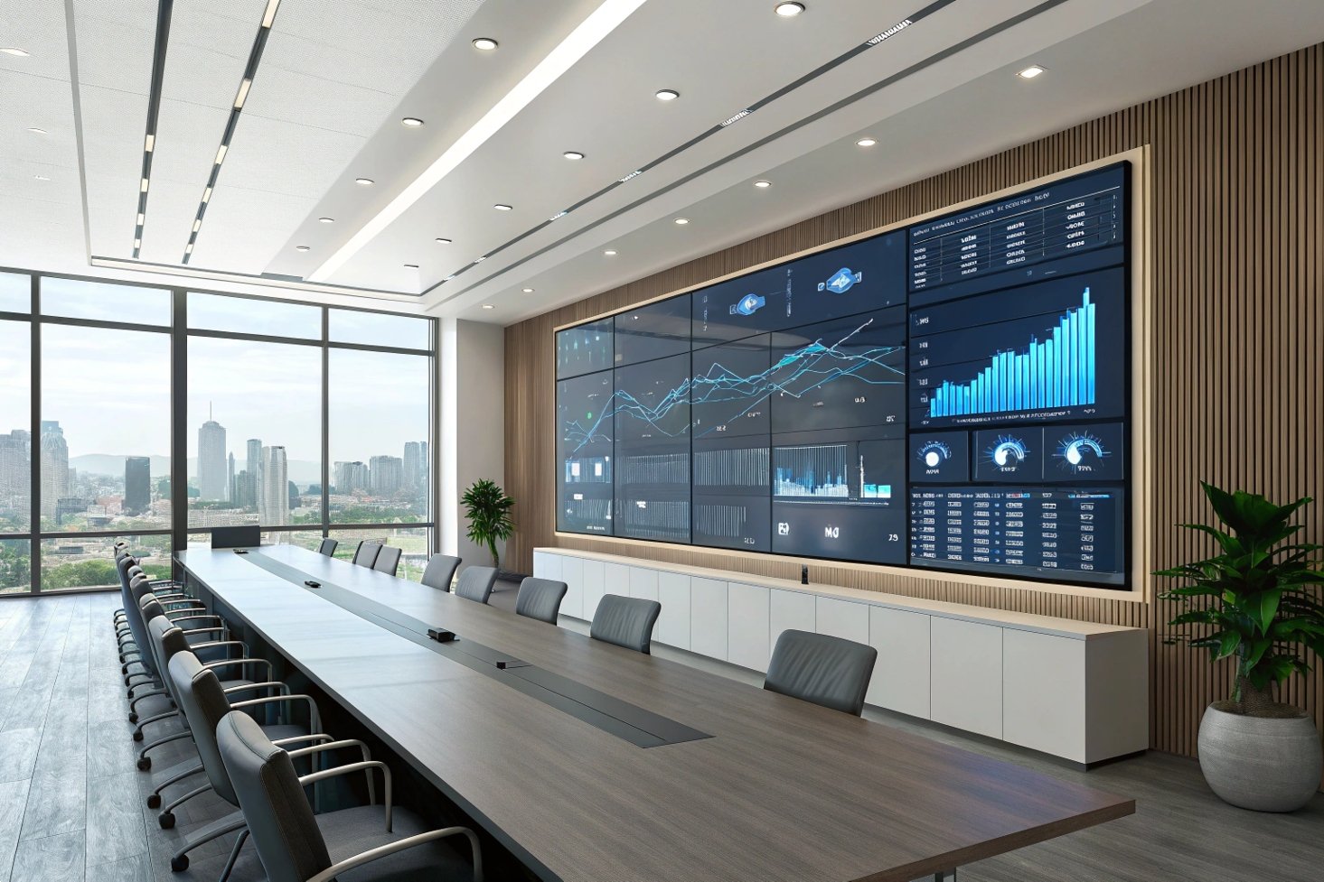 Large conference room with digital analytics display