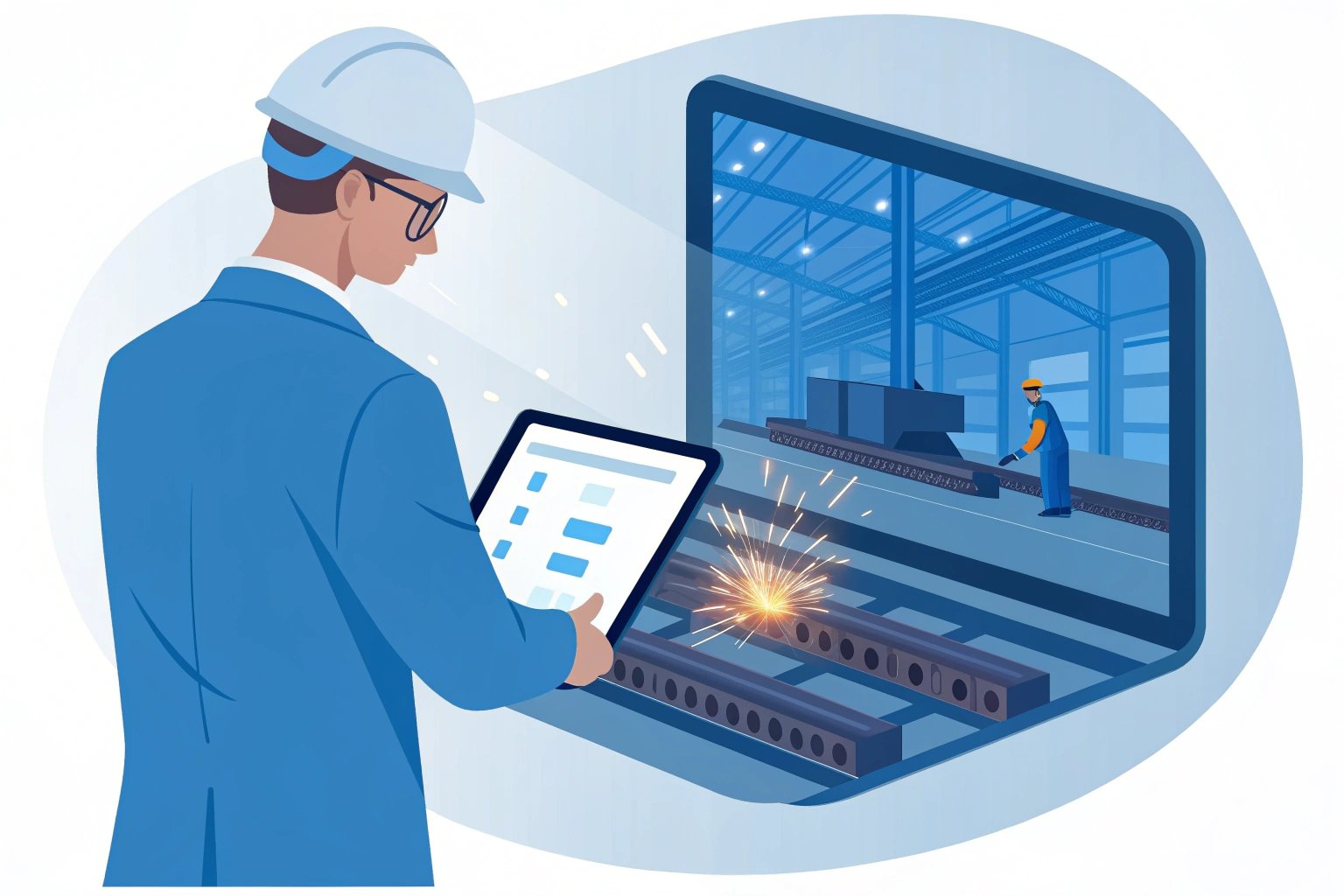 Illustration of engineer overseeing manufacturing process on tablet