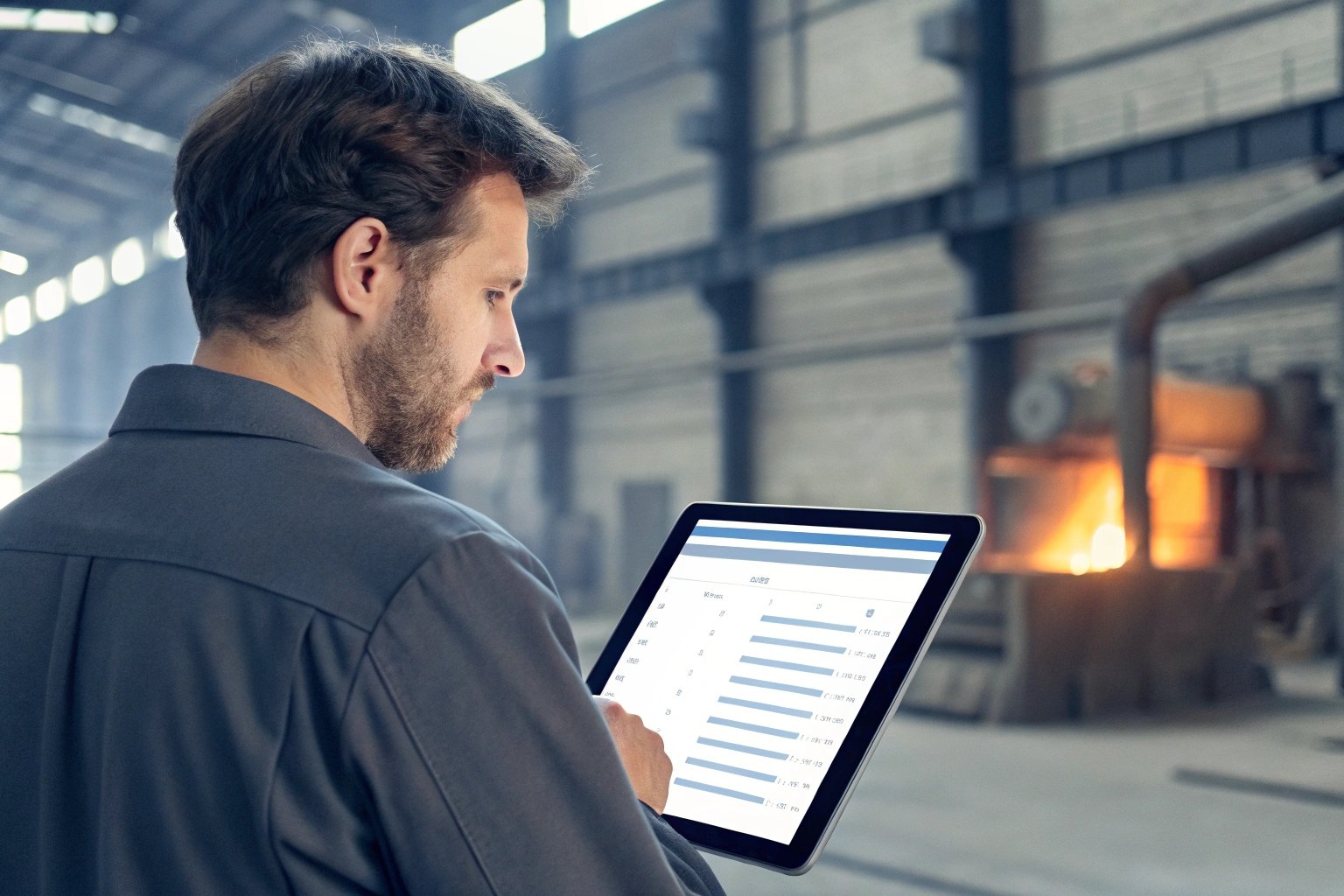 Engineer analyzing production data on a tablet in a large industrial factory