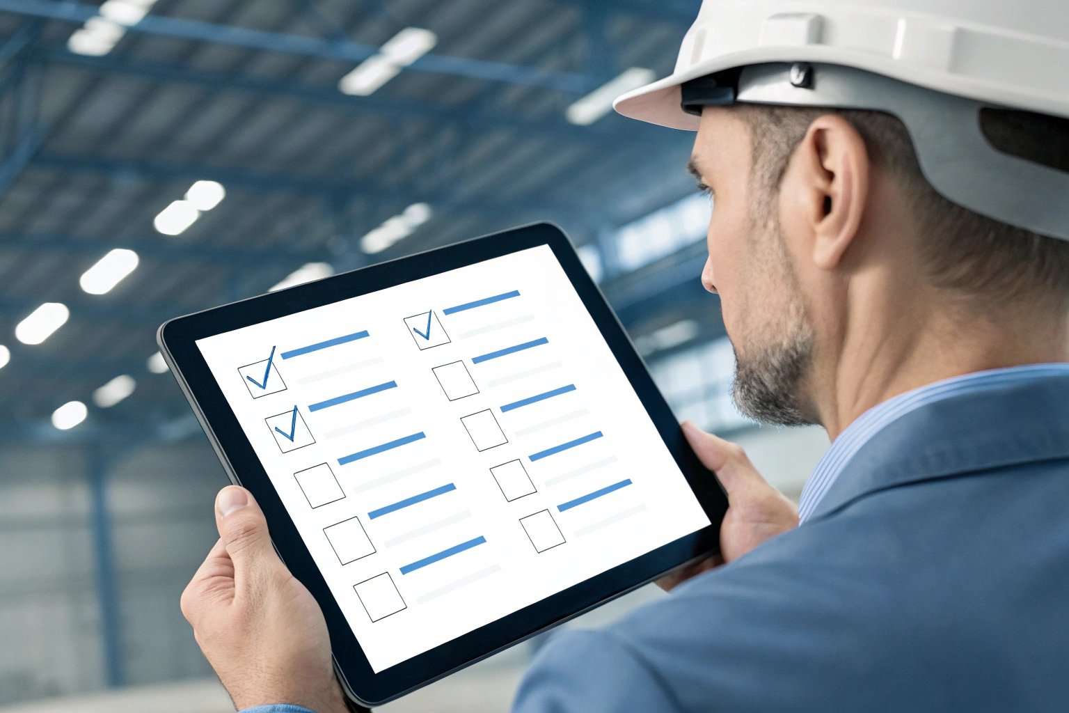 Laptop with digital construction compliance checklist on a desk with a hard hat