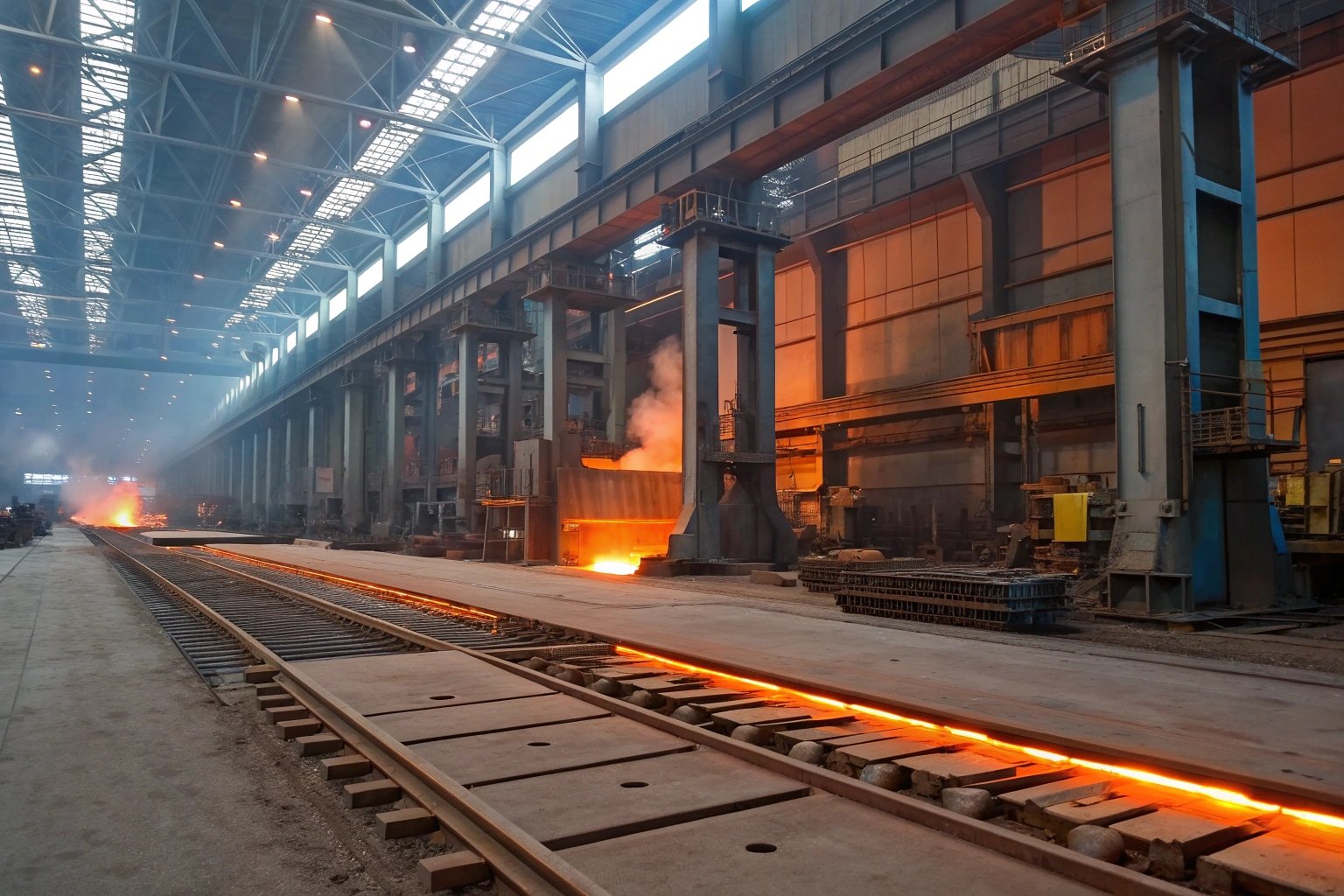 Steel manufacturing plant with glowing hot metal on conveyor (≤15 words)