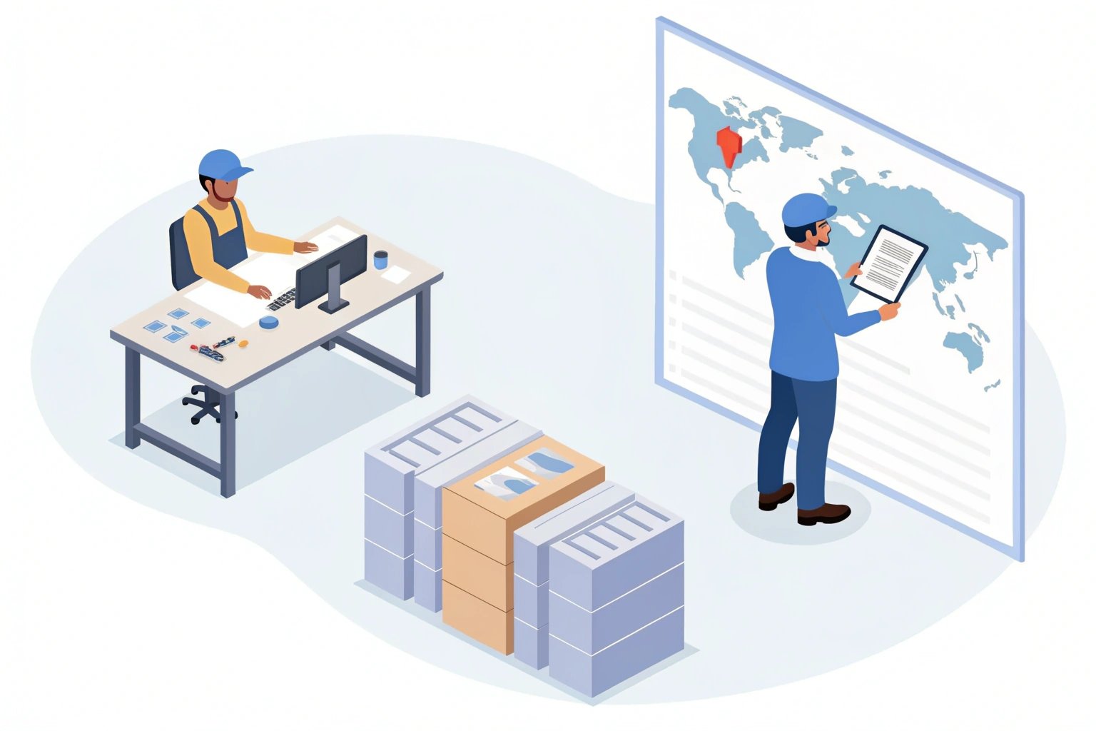 Illustrated logistics work environment with map and worker coordination (≤15 words)
