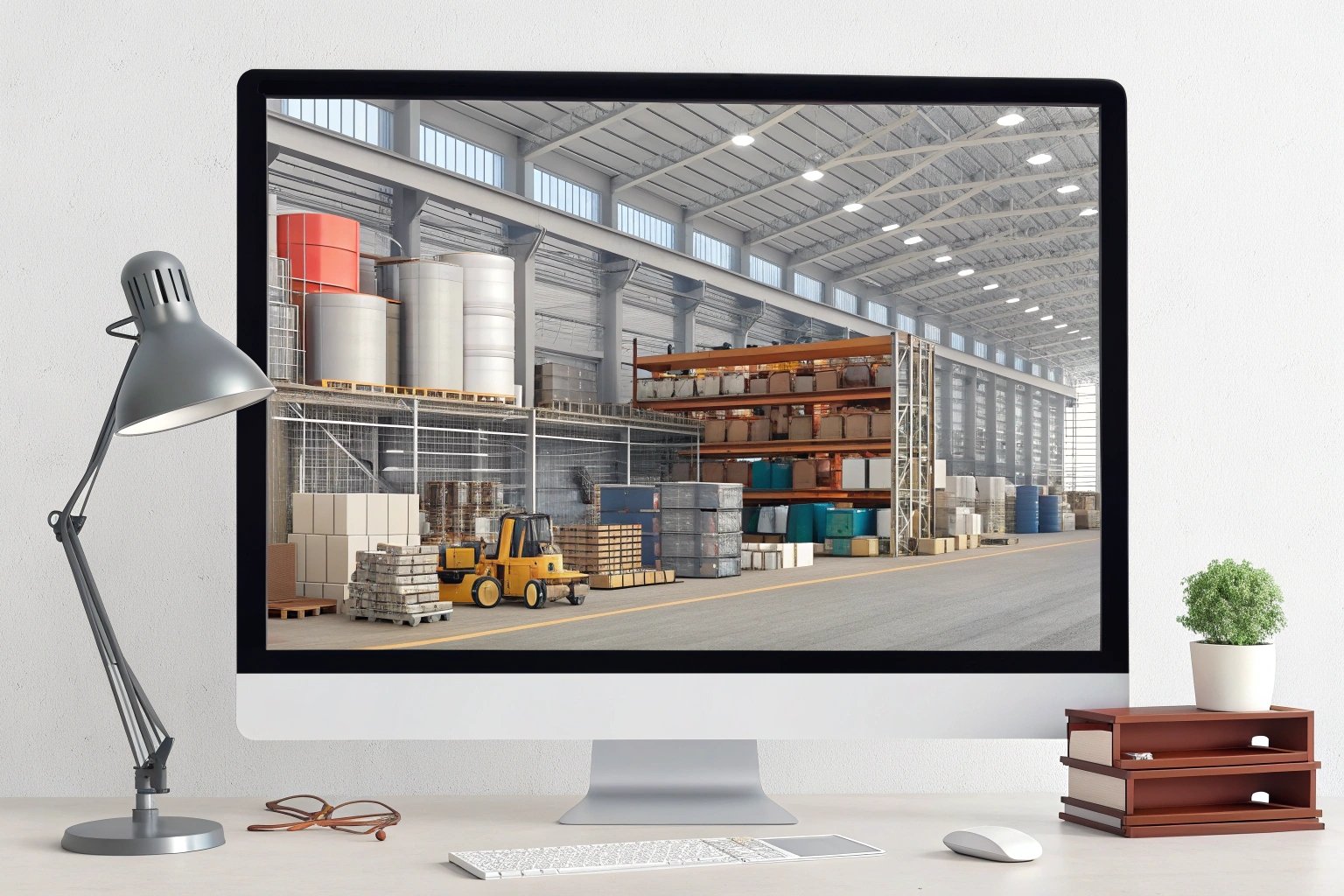 Desktop setup displaying a virtual warehouse environment (≤15 words)