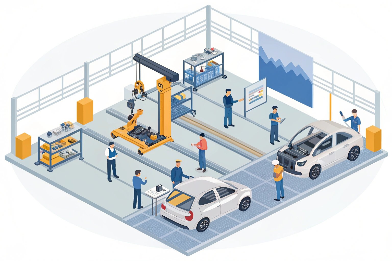 Illustration of car parts assembly line with employees (≤15 words)