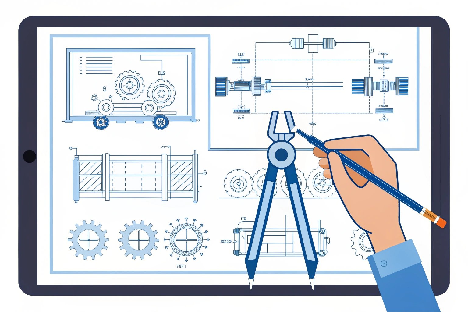 Tablet screen with detailed mechanical blueprints and tools