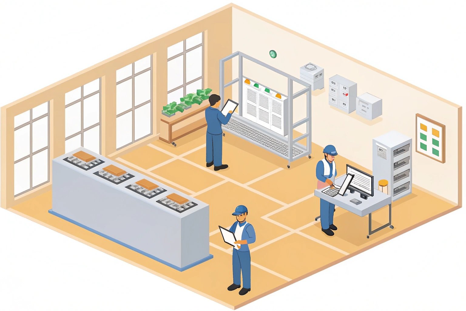 Illustration of tech lab with engineers working on systems