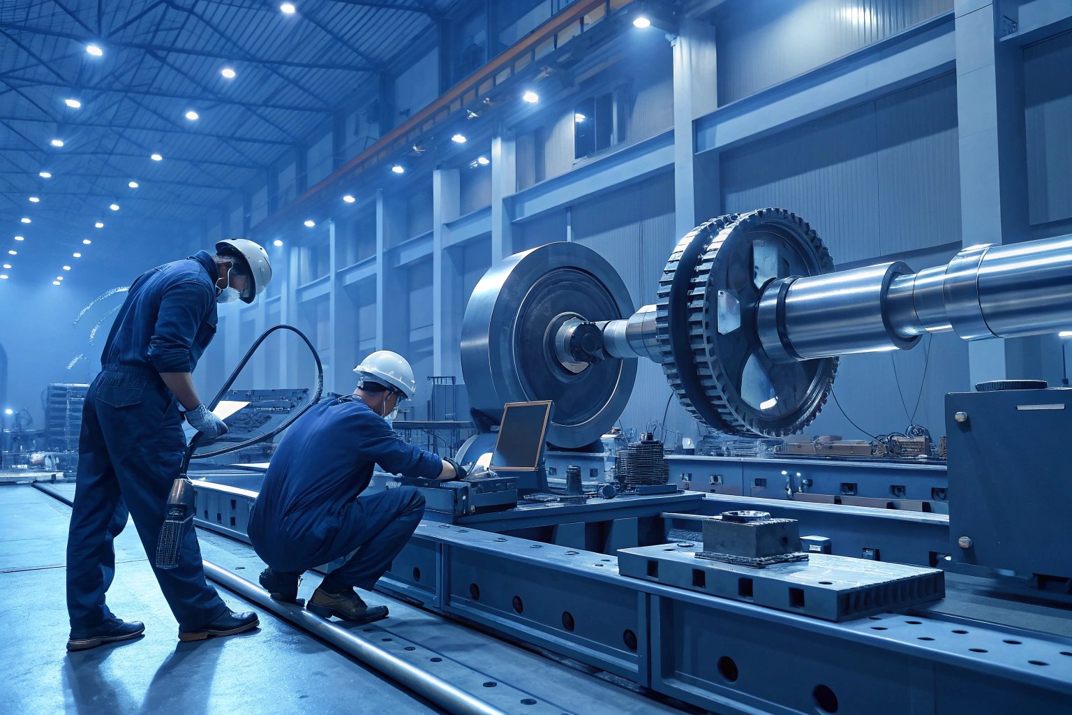 Engineers assessing large machinery with digital tools in factory