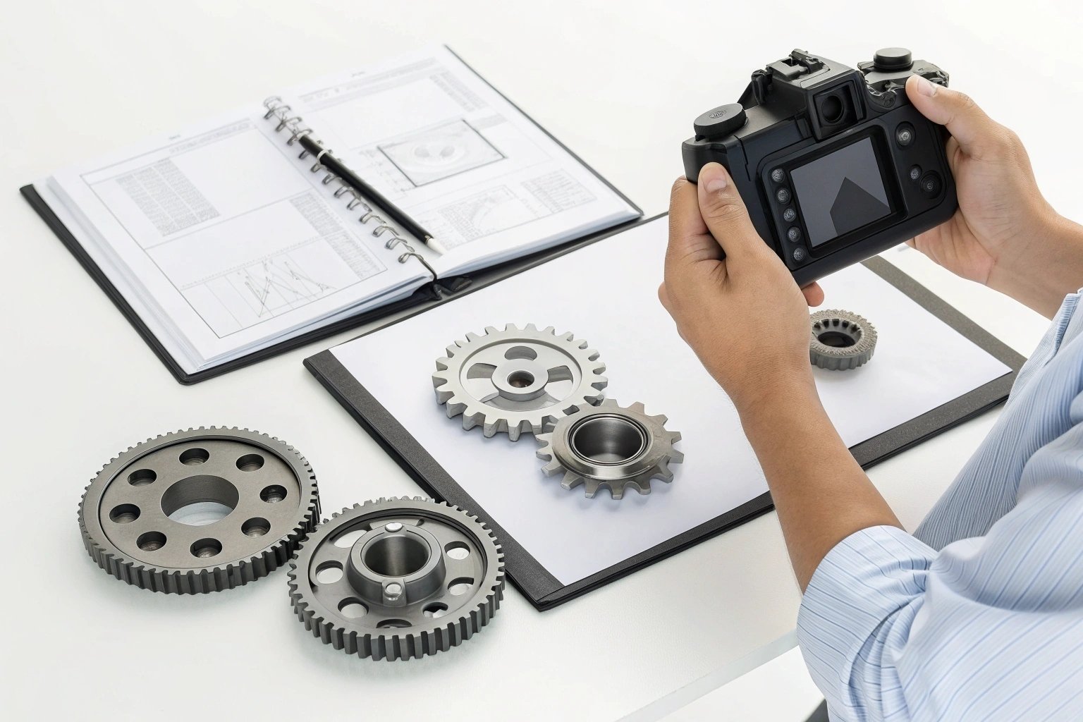 Photographer capturing images of metal gears in office setting