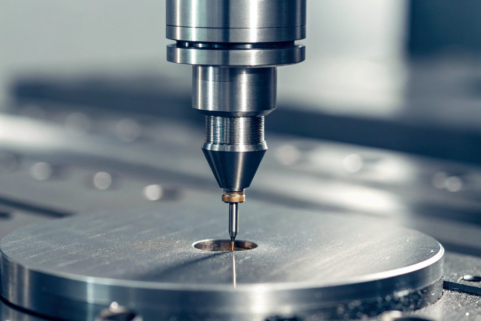 Close-up of a CNC machine spindle probing a precision metal part.